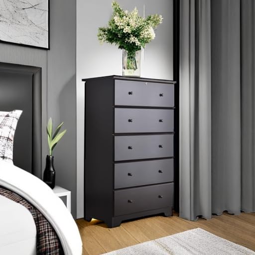 Better Home Products Isabela Solid Pine Wood 5-Drawer Chest Dresser in Tobacco Finish - Perfect for Bedroom Storage, Nursery Organization & Guest Room Furniture
