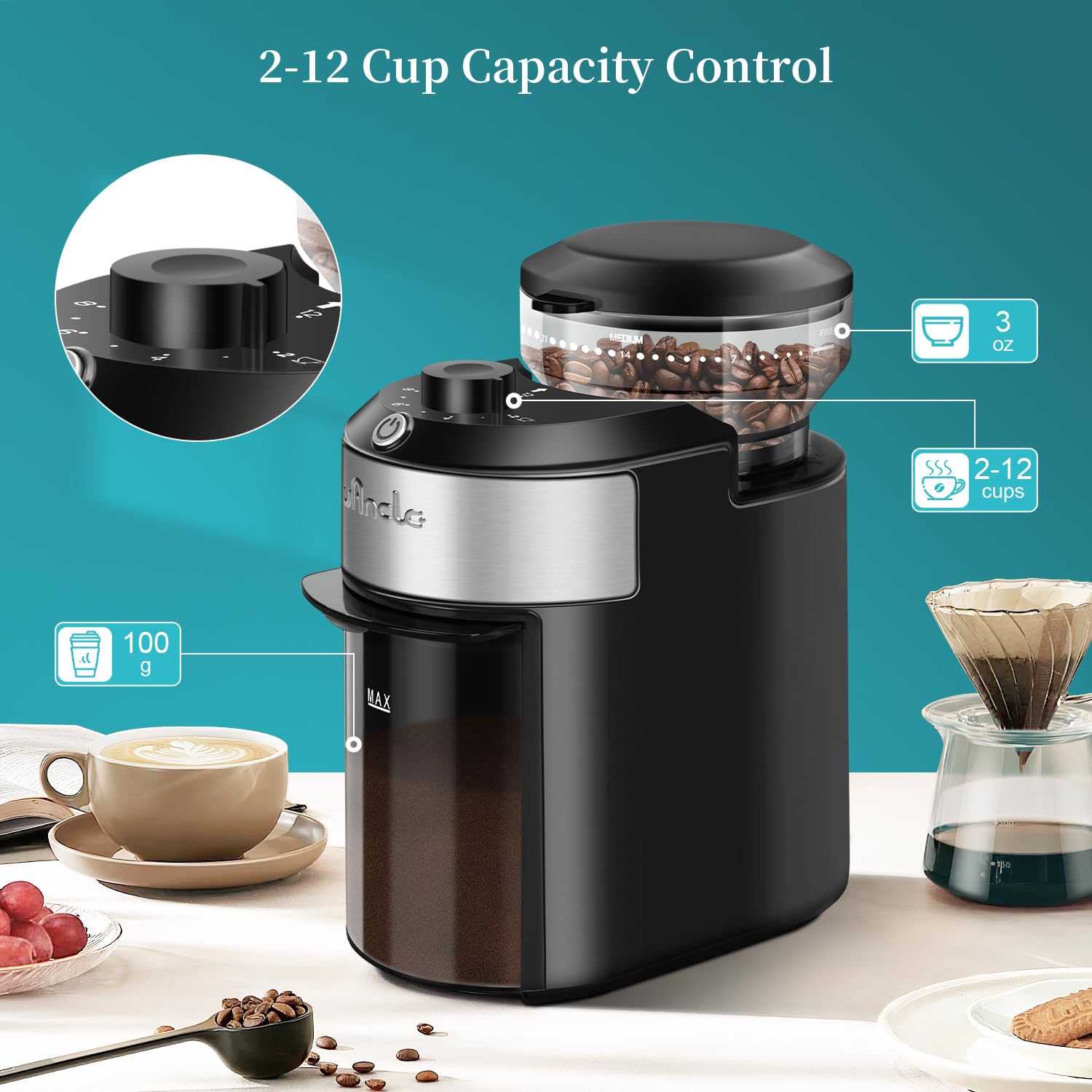 Premium Wancle Flat Burr Coffee Grinder - 28 Precise Grind Settings for Espresso to French Press, 2-12 Cup Capacity, Compact & Easy Clean Design - Perfect for Home Baristas & Coffee Enthusiasts