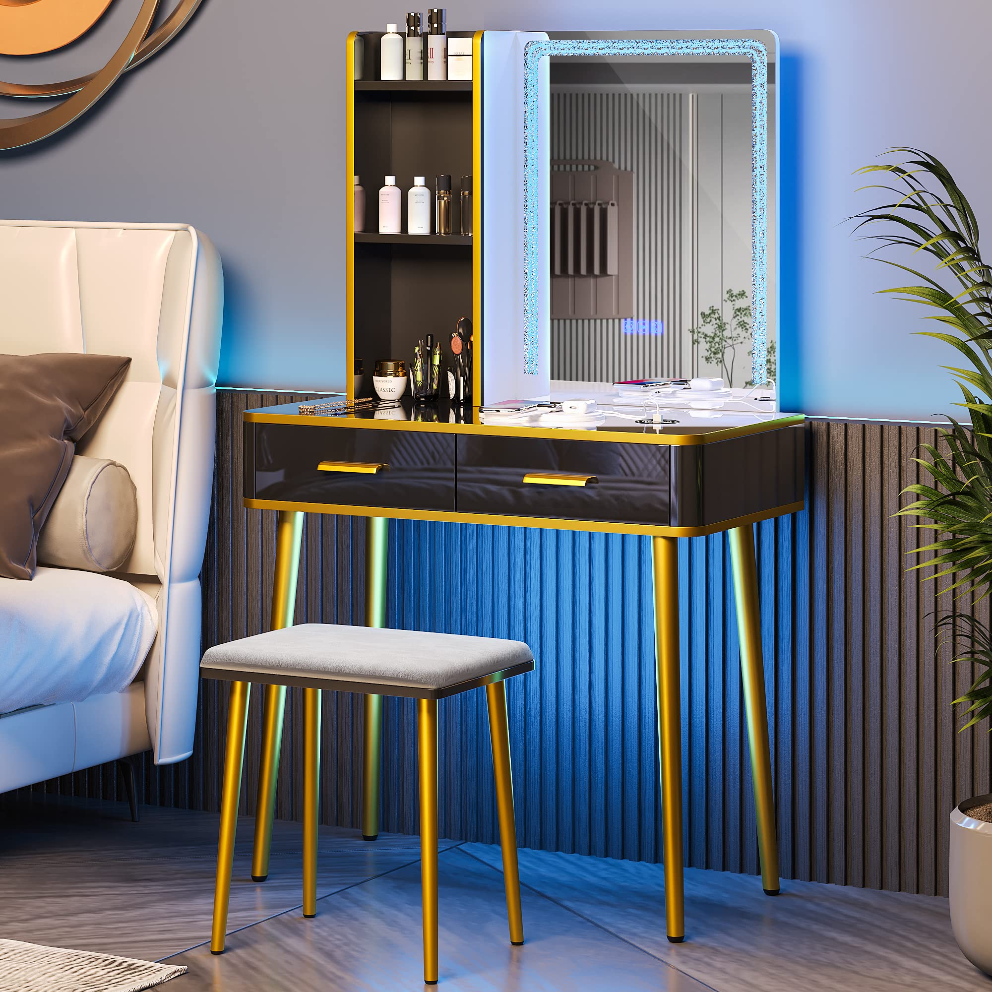 FREDEES LED Makeup Vanity Set with Mirror - Black Vanity Desk with USB & Wireless Charging Station, Visible Drawers & Hidden Shelves - Perfect for Bedroom, Dressing Room & Home Beauty Salon