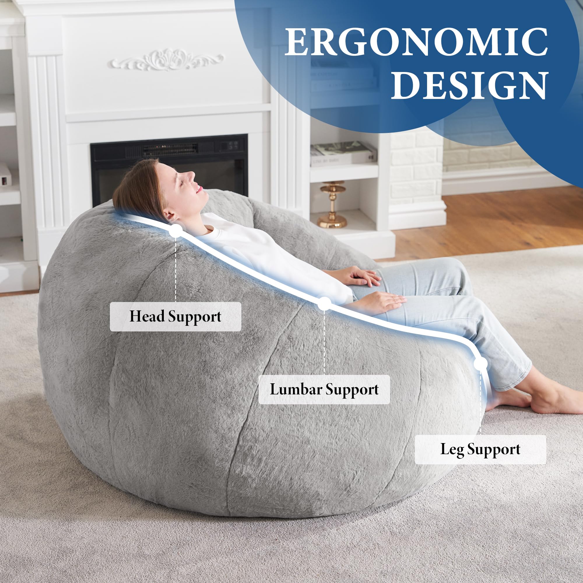 Hobestluk Large Bean Bag Chair for Adults - Oversized Comfy Bean Bag Sofa Chair with Spacious Design, Perfect for Reading, Gaming, Lounging & Relaxing in Living Room, Bedroom or Dorm (Grey)