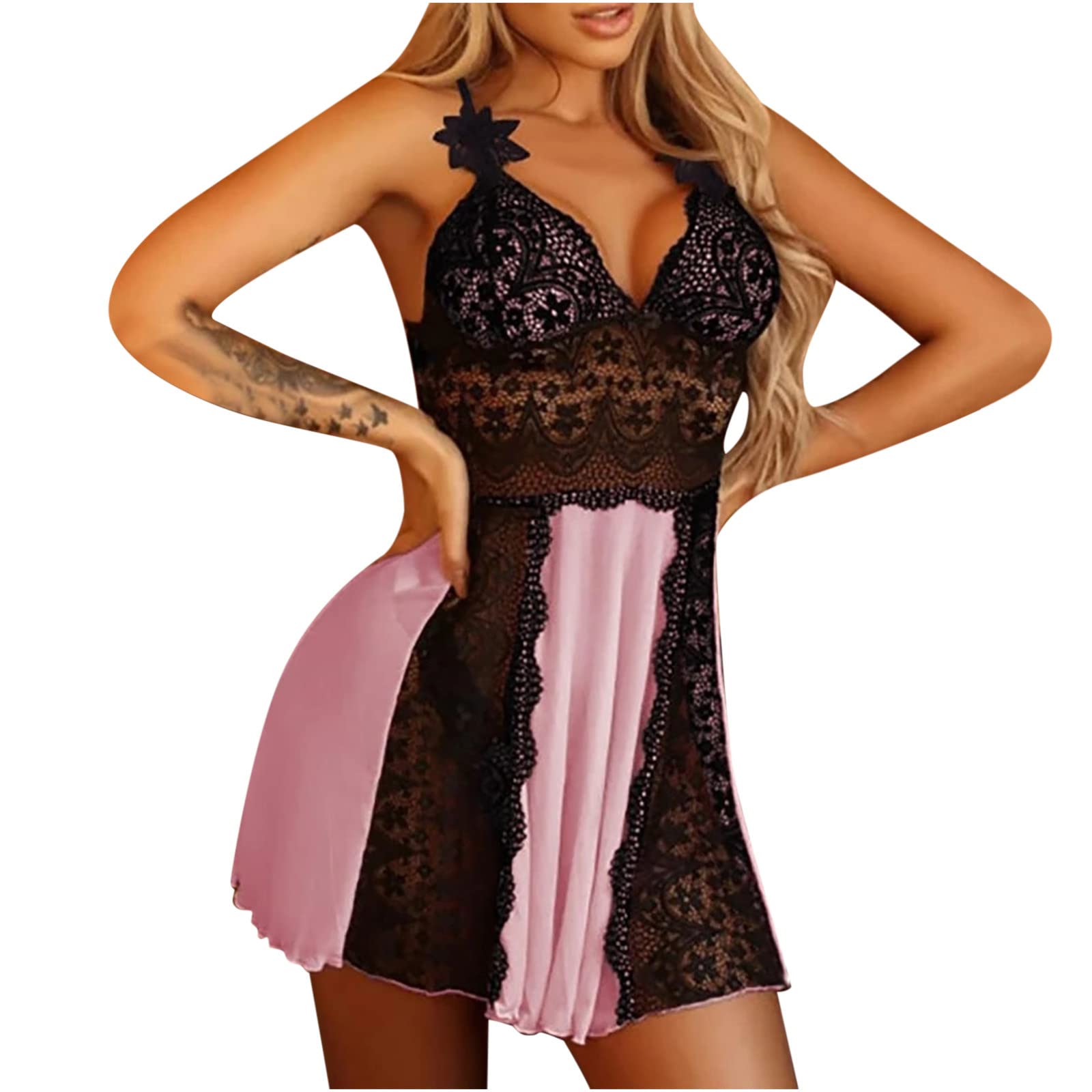 Sexy Women's Lace Chemise Nightgown - Sheer Teddy Lingerie with V-Neck & Hollow Out Design - Modal Sleepwear for Romantic Nights & Boudoir Photography
