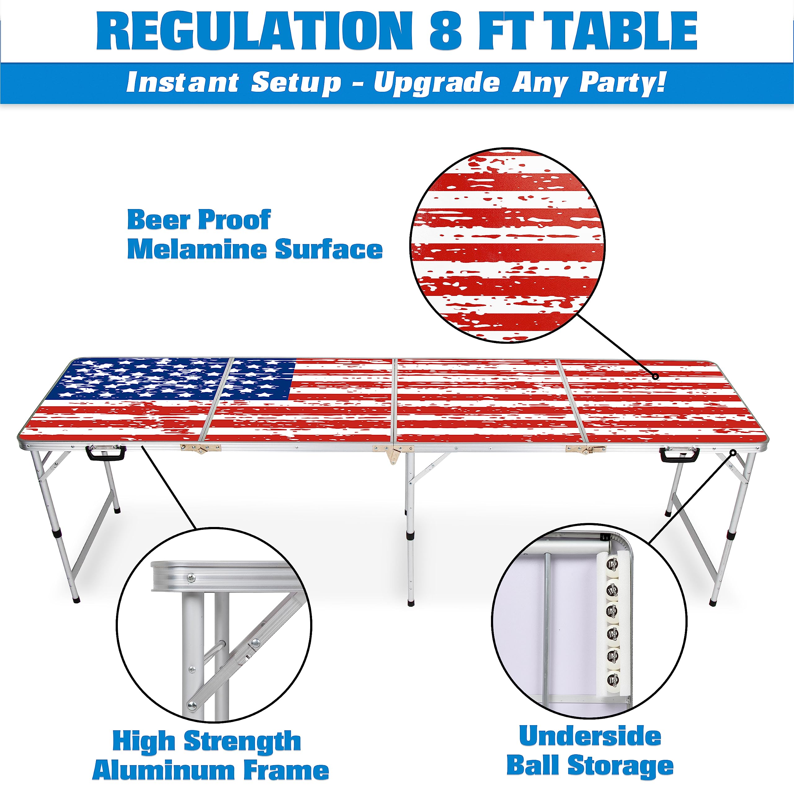 GoPong 8 Foot Portable Beer Pong Table - Lightweight Folding Tailgate Party Game Table (Black/Football/American Flag/Custom Dry Erase) - Perfect for Backyard Parties, College Events & Outdoor Gatherings
