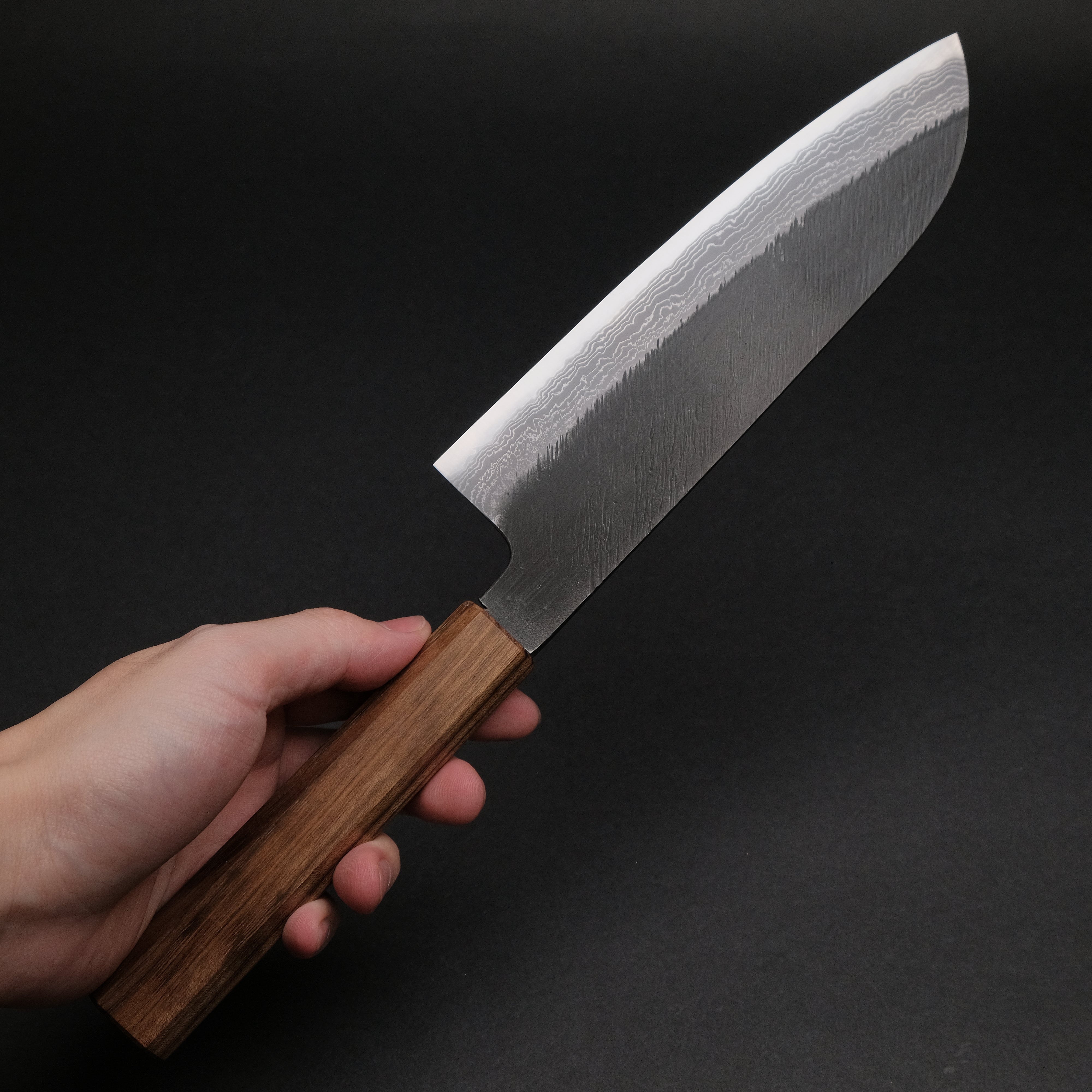 Premium Ajikataya White #2 Matsuba Damascus Santoku Knife 180mm - Handcrafted Japanese Kitchen Knife with Obankole Handle (#22) - Perfect for Sushi, Vegetables & Meat Cutting