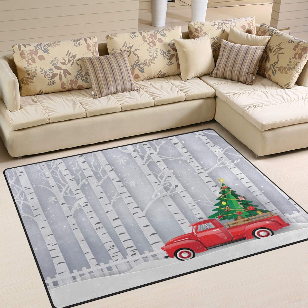 ALAZA Red Truck Christmas Tree Winter Snow Area Rug - 7' x 5' Non-Slip Living Room Bedroom Rug for Holiday Decor, Cozy Home & Seasonal Festivities