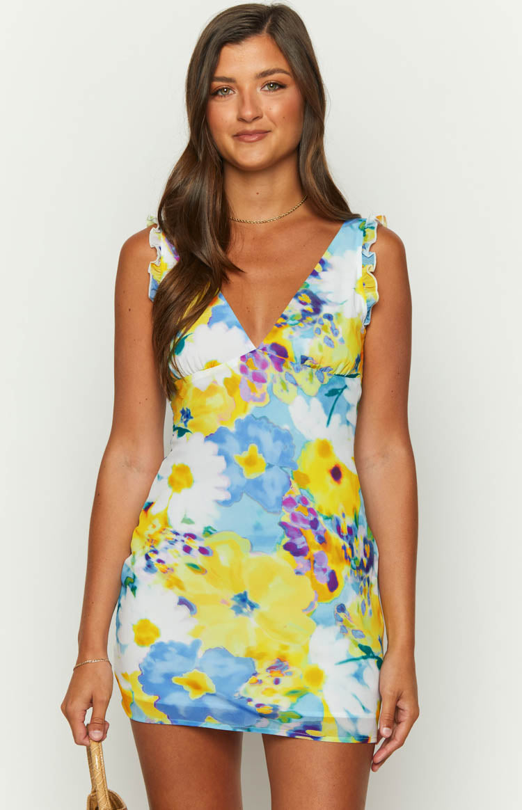 Albie Blue Floral Mini Dress - Women's Summer Short Sleeve Party Cocktail Dress for Beach Vacation, Date Night & Special Occasions