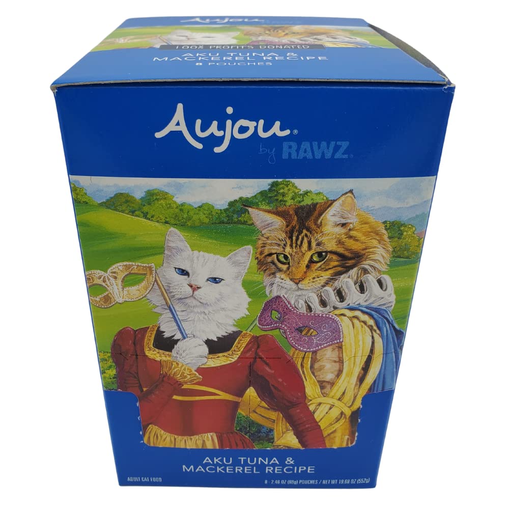 Premium Rawz Aujou Aku Tuna & Mackerel Grain-Free Cat Food - 8 Pack of 2.46 oz Pouches - High Protein Wet Cat Food for Adult & Senior Cats - Perfect for Picky Eaters & Sensitive Stomachs - Ideal for Mealtime, Travel & Treat Rewards