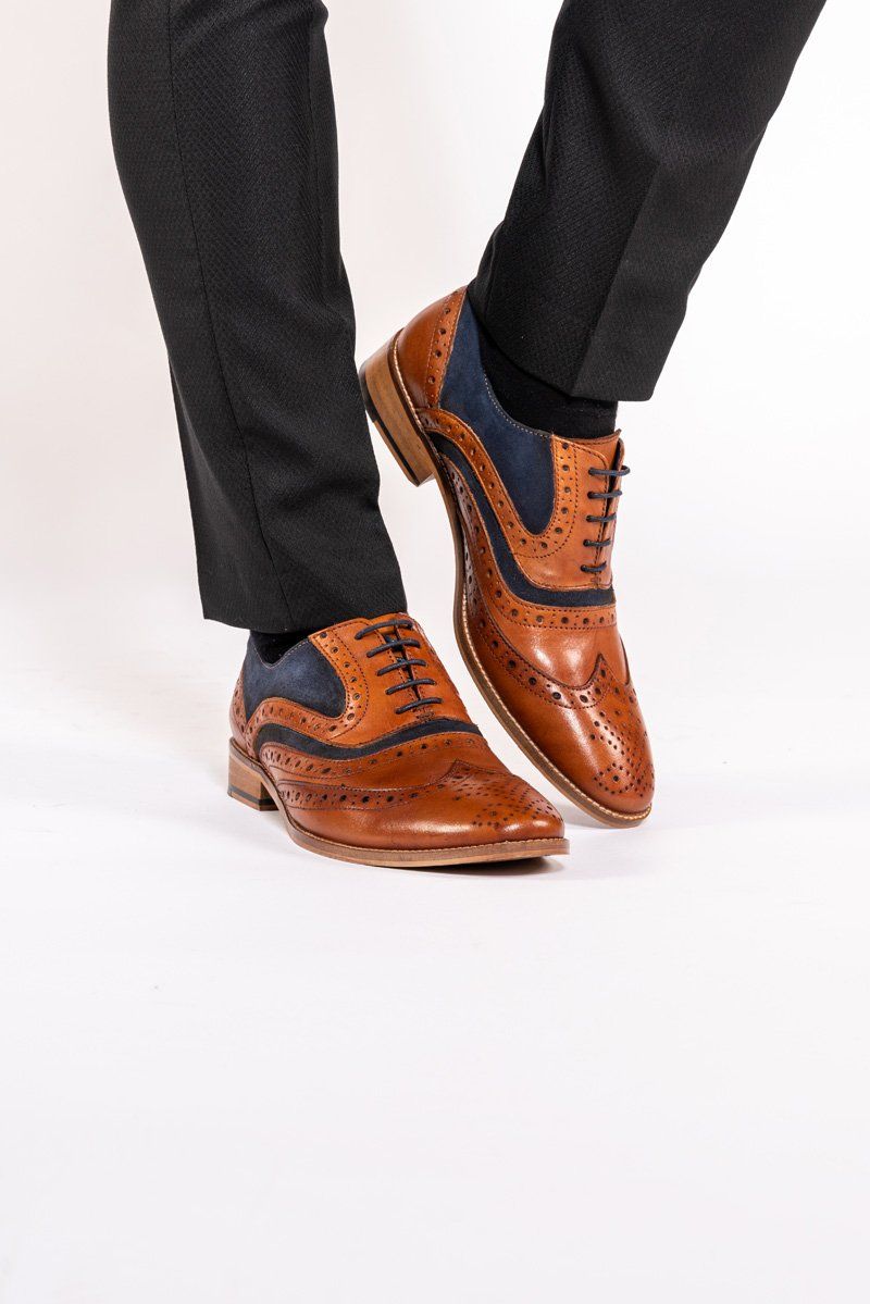 MURRAY Men's Tan Leather Suede Contrast Brogue Shoes - Classic Wingtip Oxford Dress Shoes for Business, Wedding & Formal Occasions