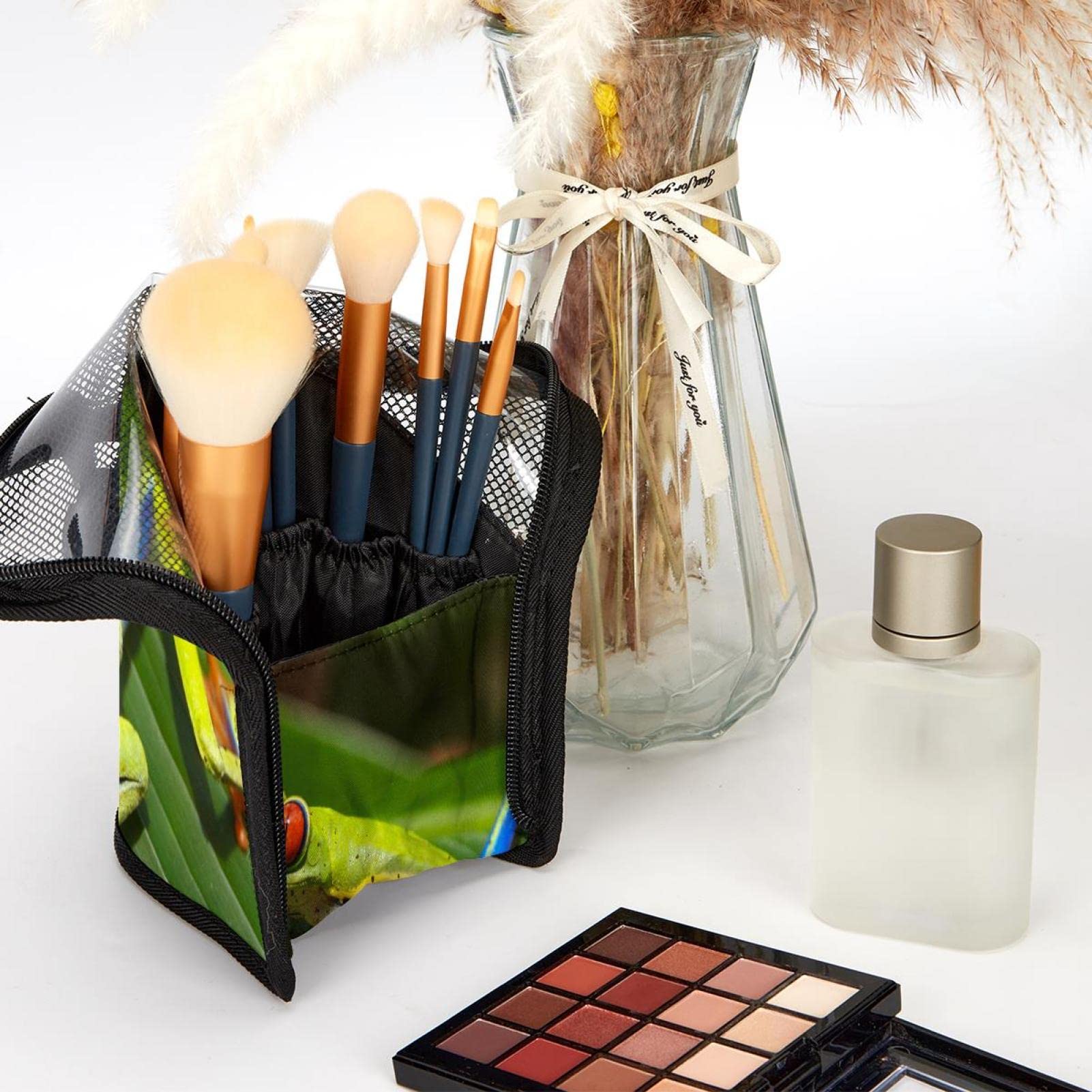 Premium 12-Piece Makeup Brush Organizer Bag Set - Leaf Green, Blue & Orange Frog Design | Portable Cosmetic Brush Holder Case for Travel & Home Storage