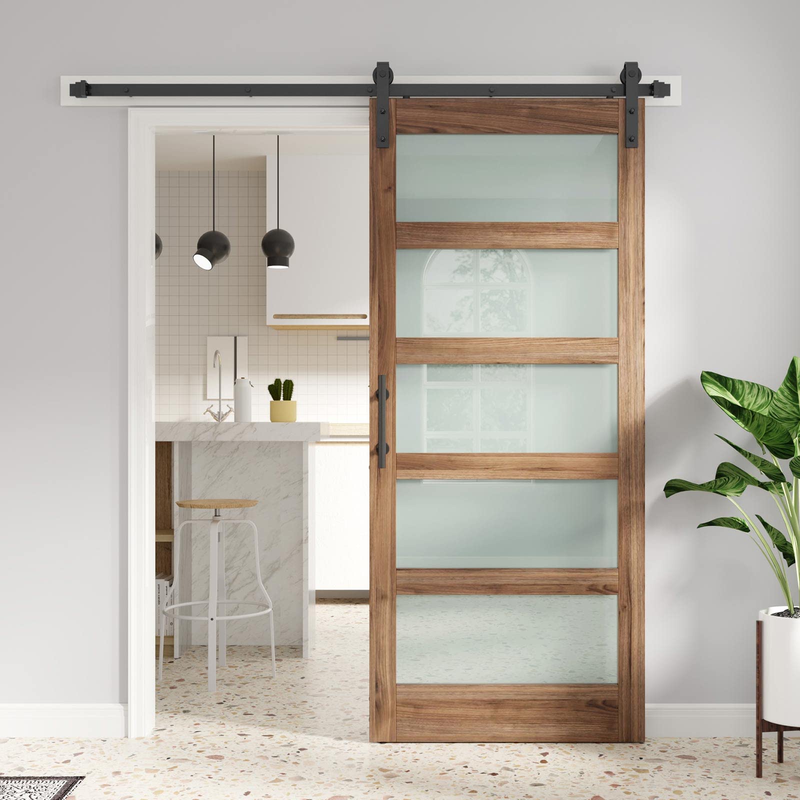 FREDBECK 36 x 84 Inch Frosted Glass Barn Door with Hardware Kit - 5-Panel Waterproof Sliding Door for Bedroom, Bathroom or Closet - Easy Assembly with Pre-Drilled Holes - Fits 33-34 Inch Openings