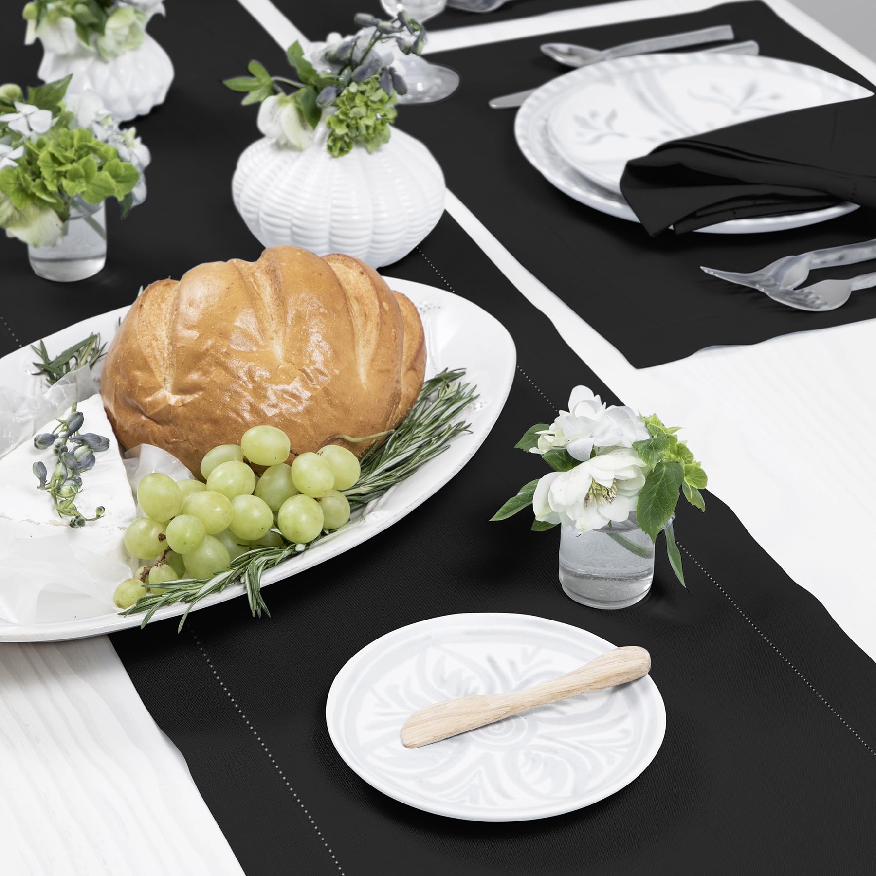 Solino Home 100% Pure Linen Table Runner 16 x 120 Inches - Classic Hemstitch Black Dining Tablecloth for Wedding, Party & Holiday Decor (Easter, Mother's Day, Spring) - Elegant Table Setting for Formal Dinners & Special Occasions