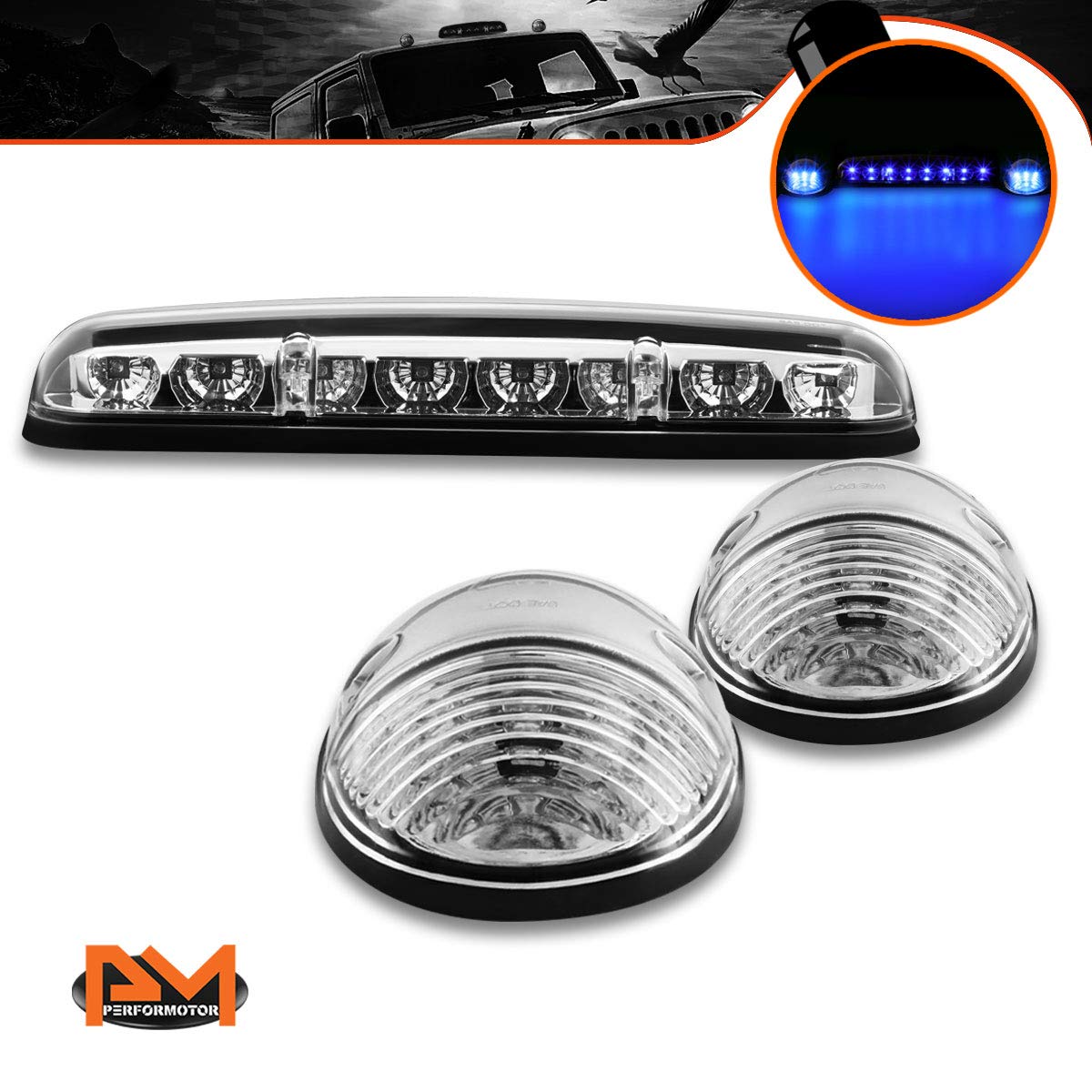 3Pcs Blue LED Cab Roof Running Lights Marker Lights for 02-07 Chevy Silverado & GMC Sierra - Chrome Housing with Clear Lens - Perfect for Night Driving & Off-Road Adventures