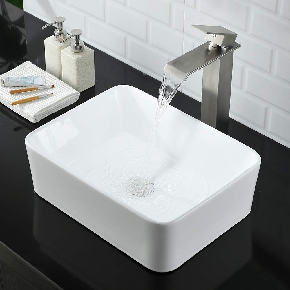 WMXQX 19x15 Inch White Porcelain Rectangle Vessel Sink with Faucet and Drain Combo - Above Counter Bathroom Vanity Sink Set for Modern & Contemporary Bathrooms