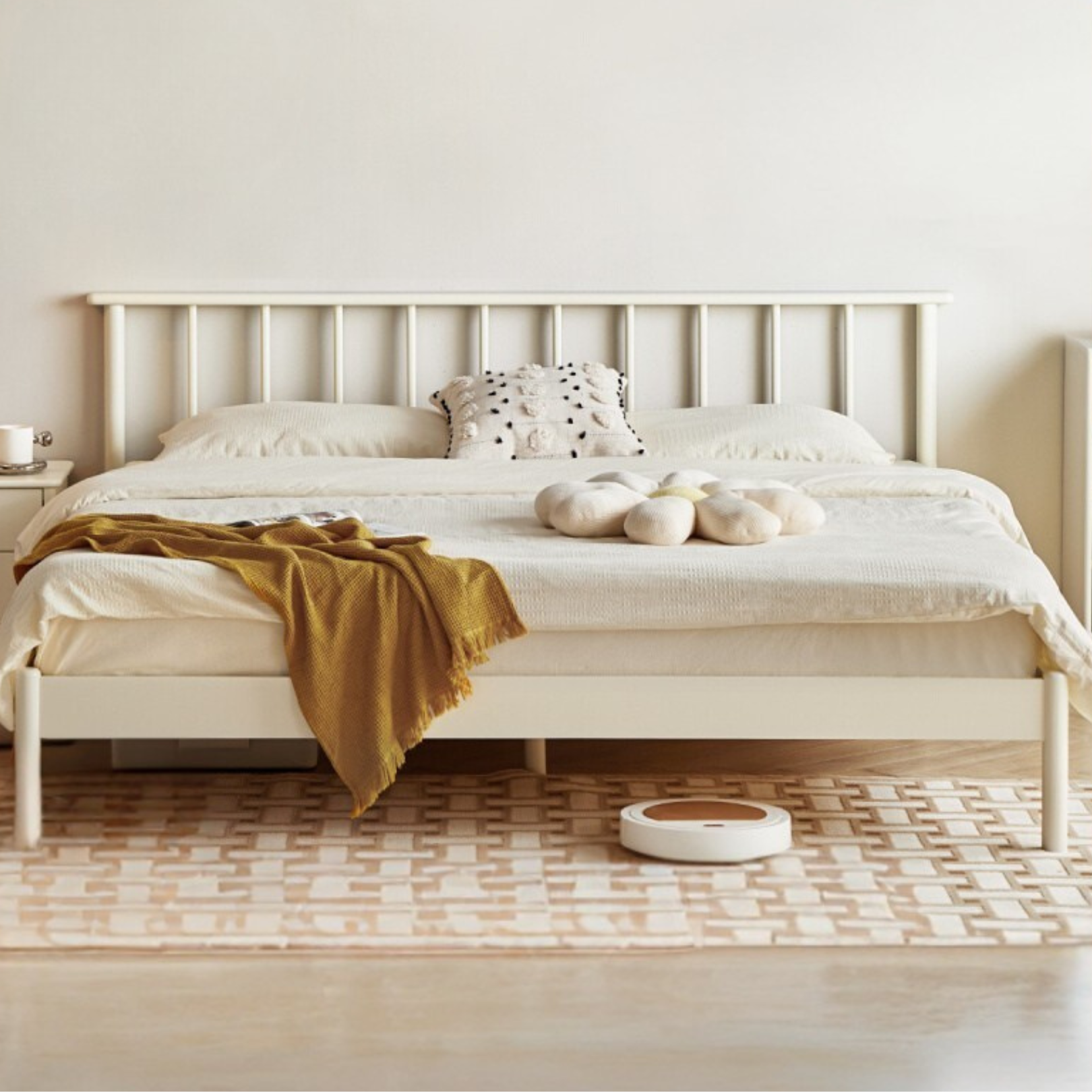 Solid Pine Wood Bed - Nordic Light Luxury White Bed Frame for Master Bedroom, Guest Room & Modern Home Decor