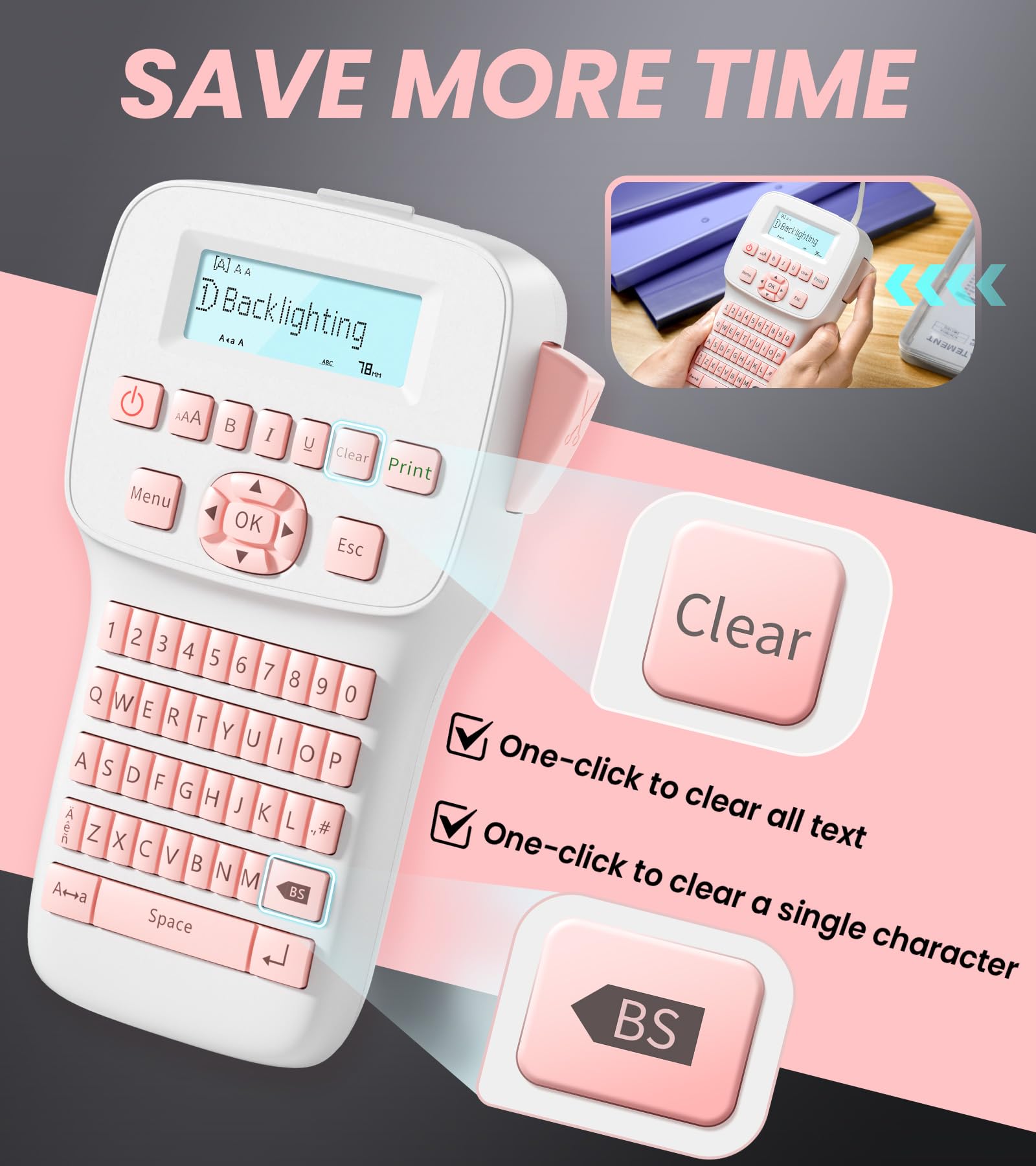 Rechargeable Bluetooth Label Maker with Keyboard - LM1600 Handheld Labeling Machine, Backlit Large Display, Portable Labeler for Home Office & School Organization (Pink) | Perfect for Organizing Files, Storage Boxes, and Office Supplies
