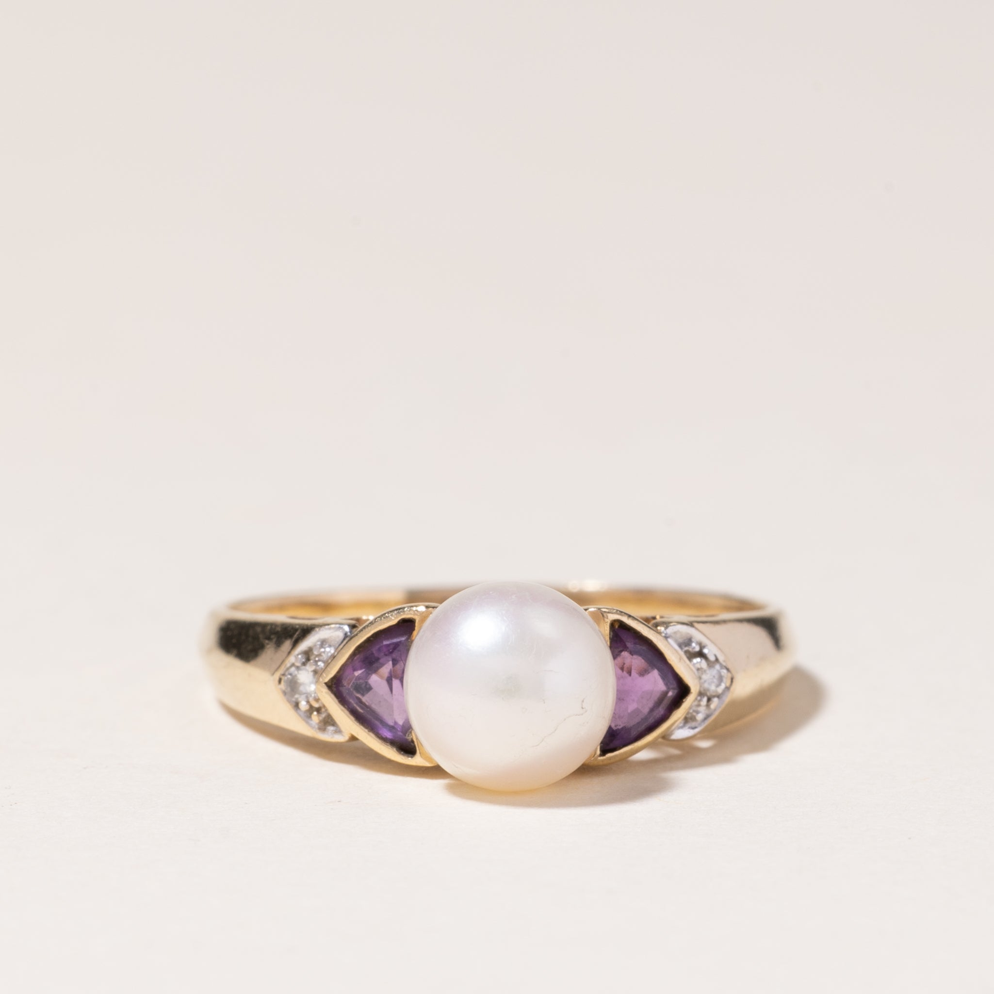 10K Yellow Gold Pearl & Amethyst Ring - 7mm Cultured Pearl, 0.44ctw Amethyst, Size 8.25 - Elegant Birthstone Jewelry for Women, Perfect Gift for Anniversary, Birthday & Valentine's Day