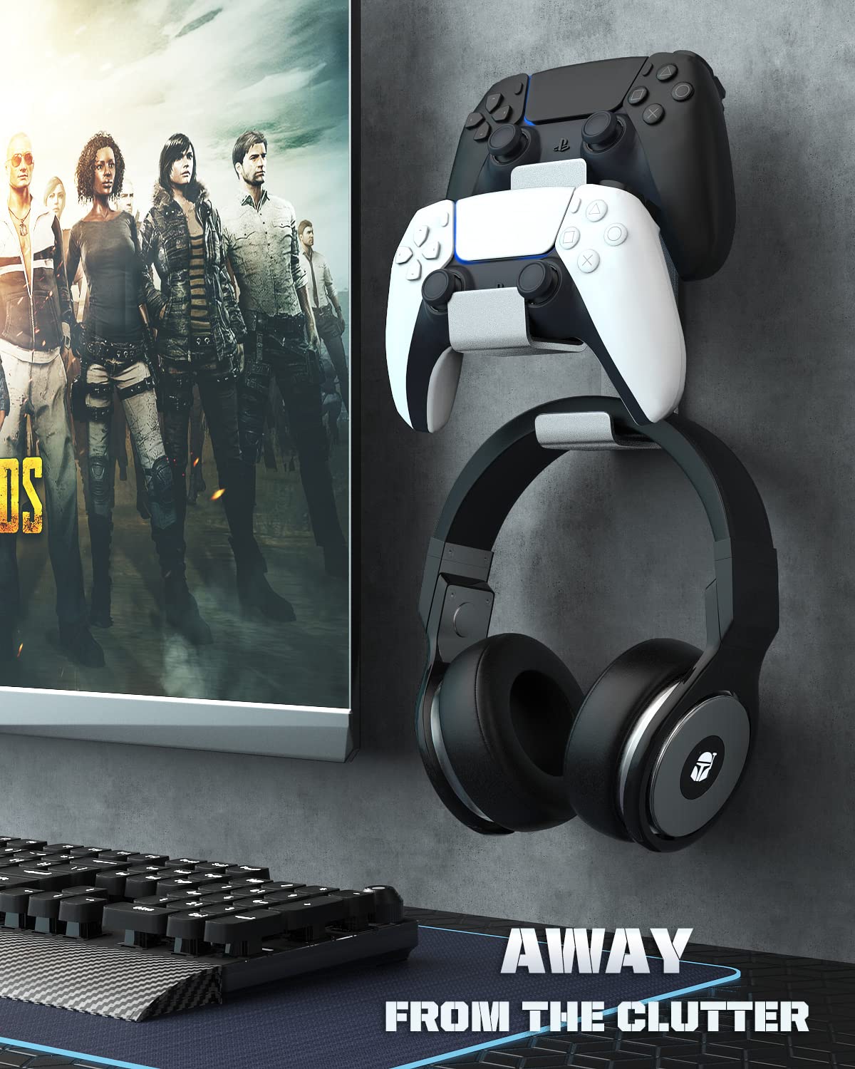 Moko Universal Headset Stand - Wall Mount Headphone Holder Compatible with PS3, PS4, PS5, PC, Steam, Switch & Gamepad Controller - Aluminum Silver | Gaming Accessories for Organized Gaming Setup