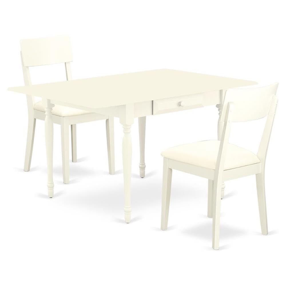 East West Furniture MZAD3-LWH-LC 3-Piece Small Space Kitchen Table Set with Drop-Leaf Dining Table & 2 Faux Leather Chairs, 36x54 Inches, Linen White - Perfect for Apartments, Breakfast Nooks and Cozy Dining Areas