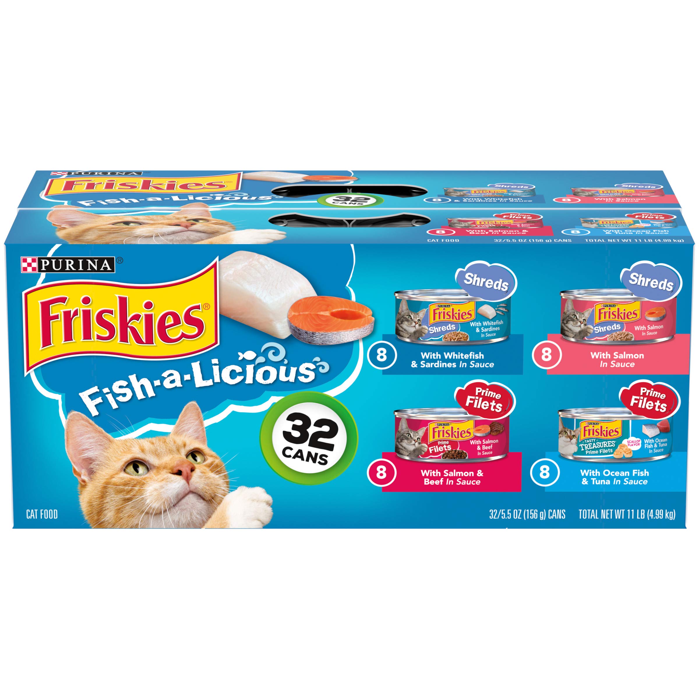 Purina Friskies Wet Cat Food Variety Pack - 32 Cans (5.5 Oz Each) | Fish-A-Licious Extra Gravy, Prime Filets & Tasty Treasures | High Protein Cat Food for Adult & Senior Cats | Perfect for Mealtime, Travel & Emergency Pet Food Supply