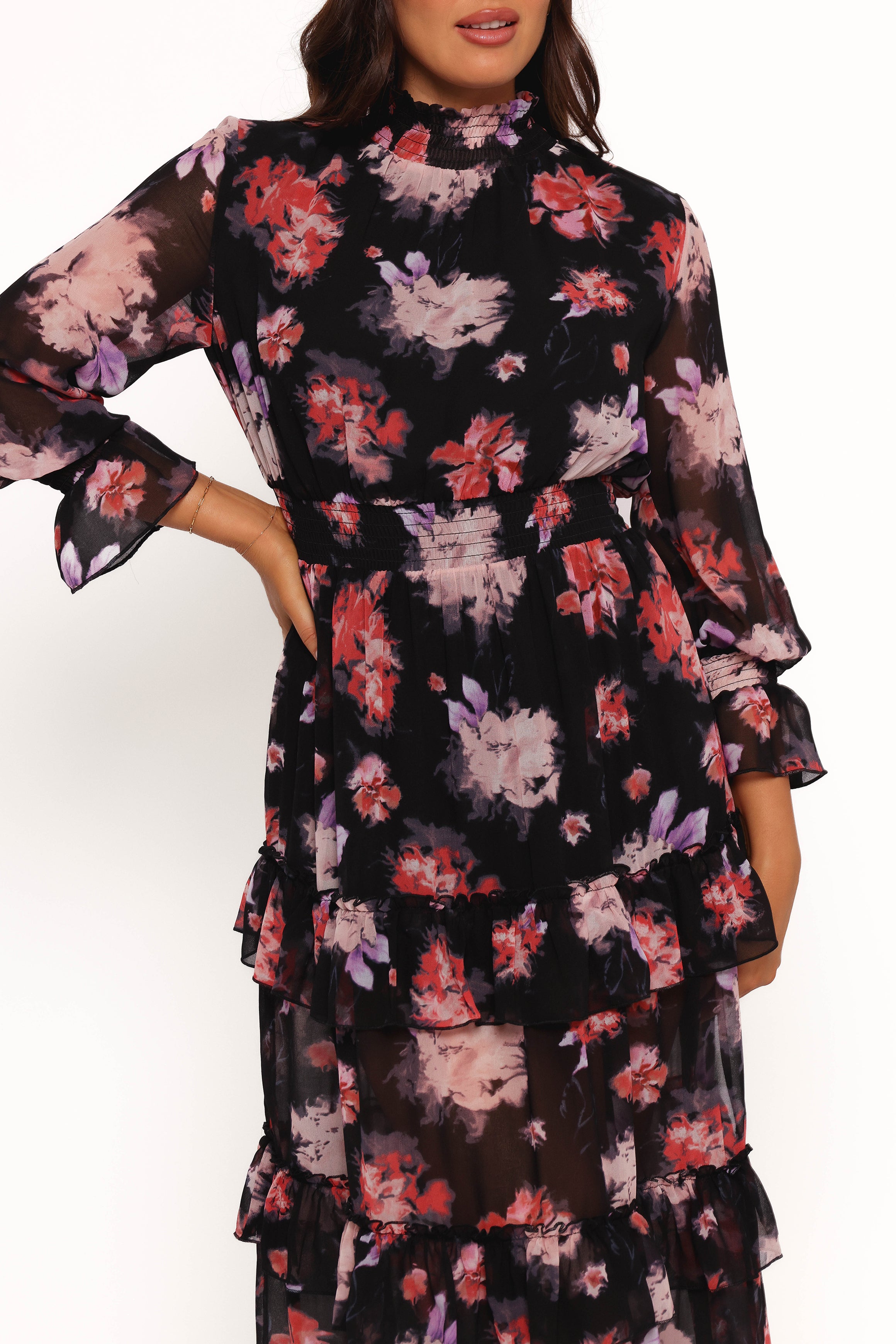 Isadora Long Sleeve Maxi Dress - Black Blurred Floral Print Women's Elegant Evening Gown for Parties, Weddings & Special Occasions