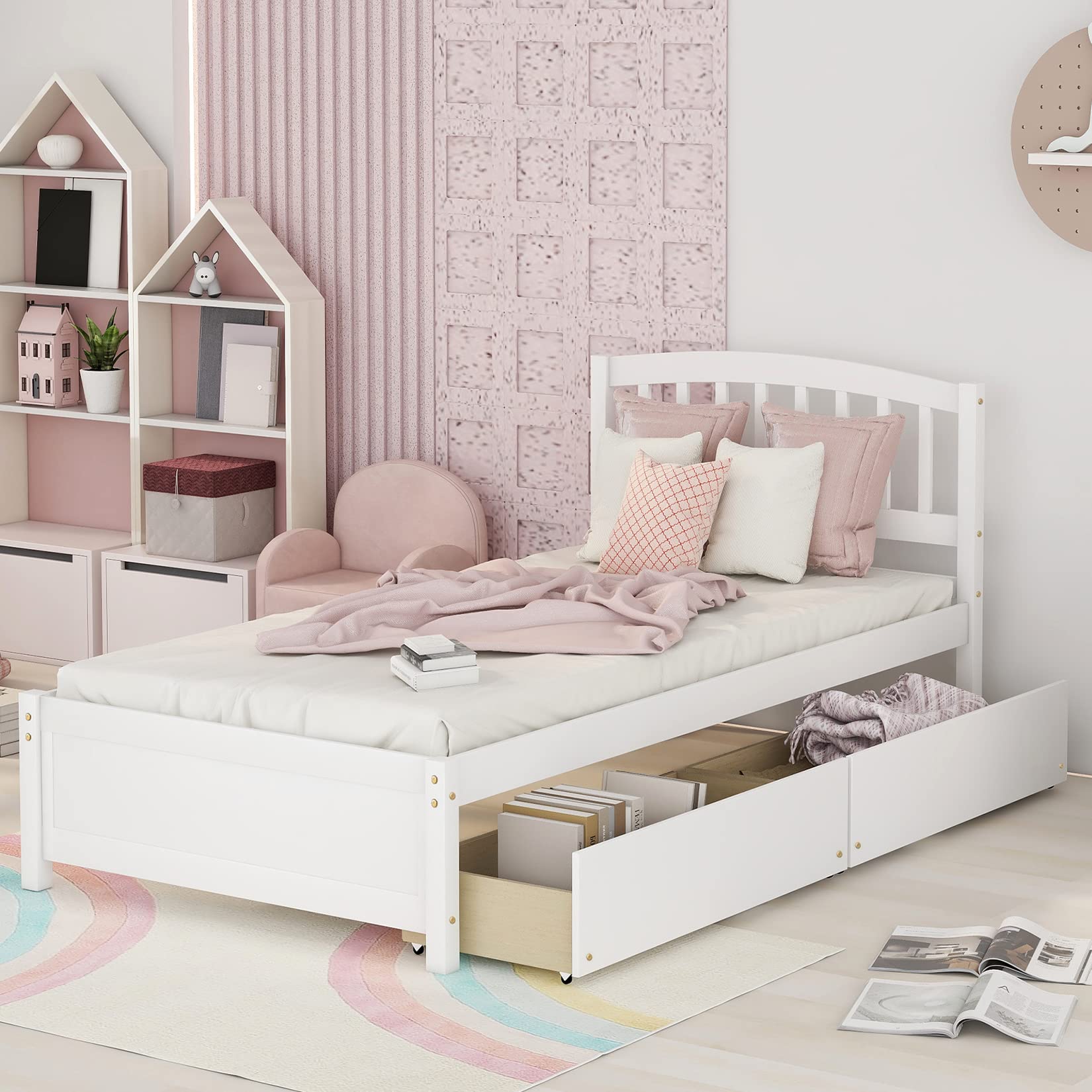 **Twin Size Solid Wood Platform Storage Bed with Headboard & 2 Drawers - White - Perfect for Kids' Room, Guest Bedroom, or Small Space Furniture**