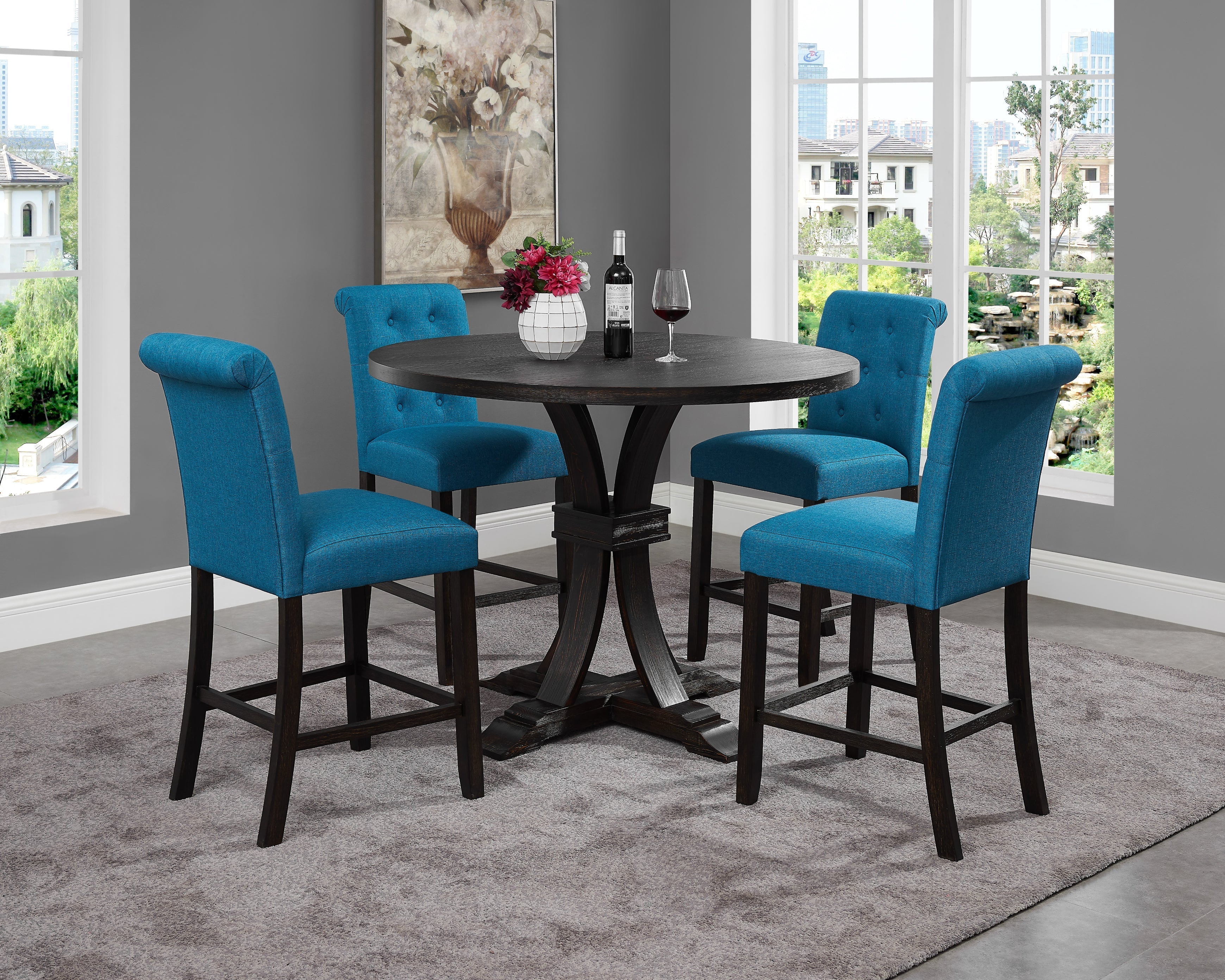 Distressed Black Finish 5-Piece Counter Height Dining Set with Round Pedestal Table and Blue Chairs - Perfect for Kitchen Nooks, Small Spaces & Modern Farmhouse Decor