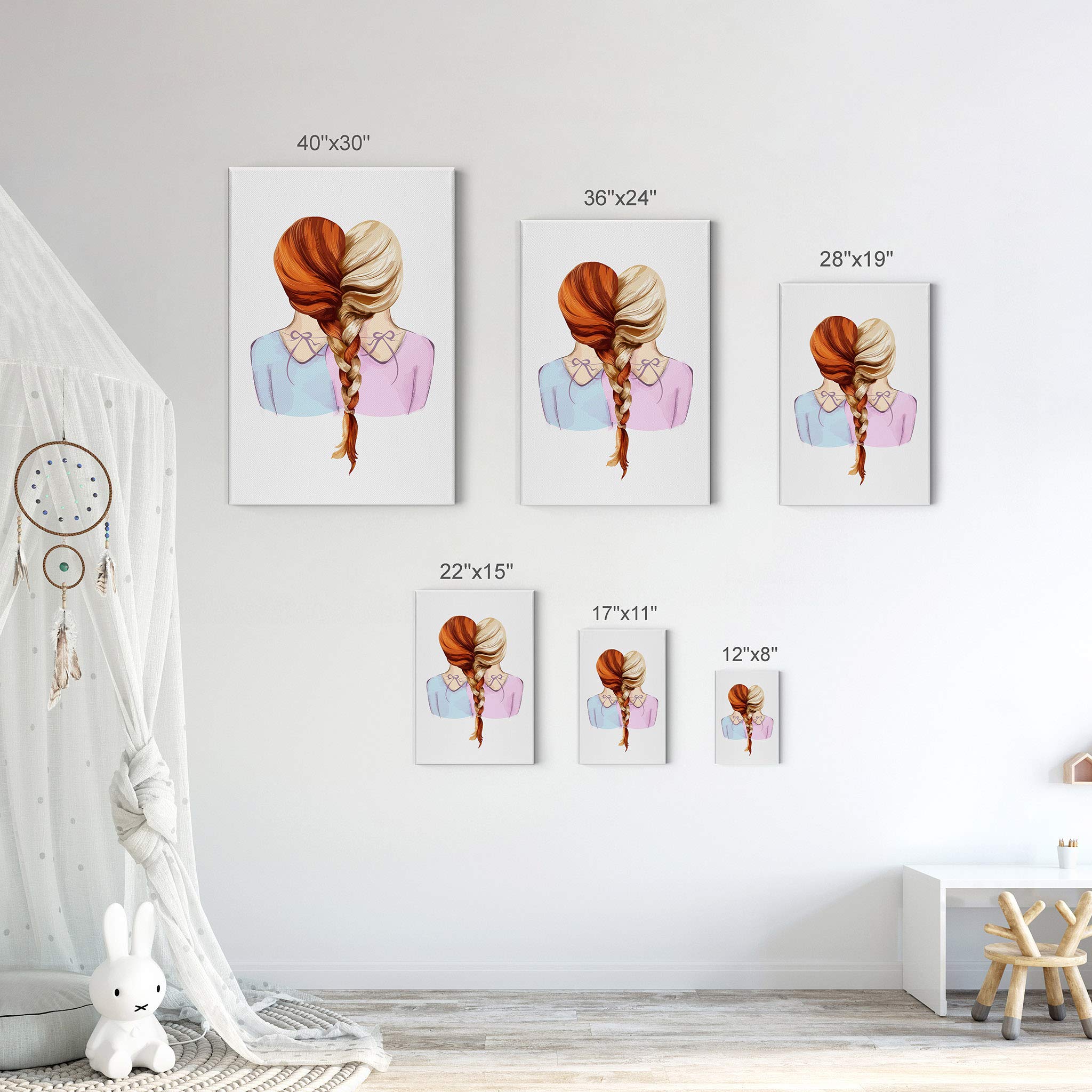 Smile Art Design Lovely Redhead and Blonde Girl Braid Canvas Print - 36x24 Inch Ready to Hang Kids Room Decor, Nursery Wall Art, Baby Room Decoration | Made in USA | Perfect for Children's Bedroom, Playroom & Gift
