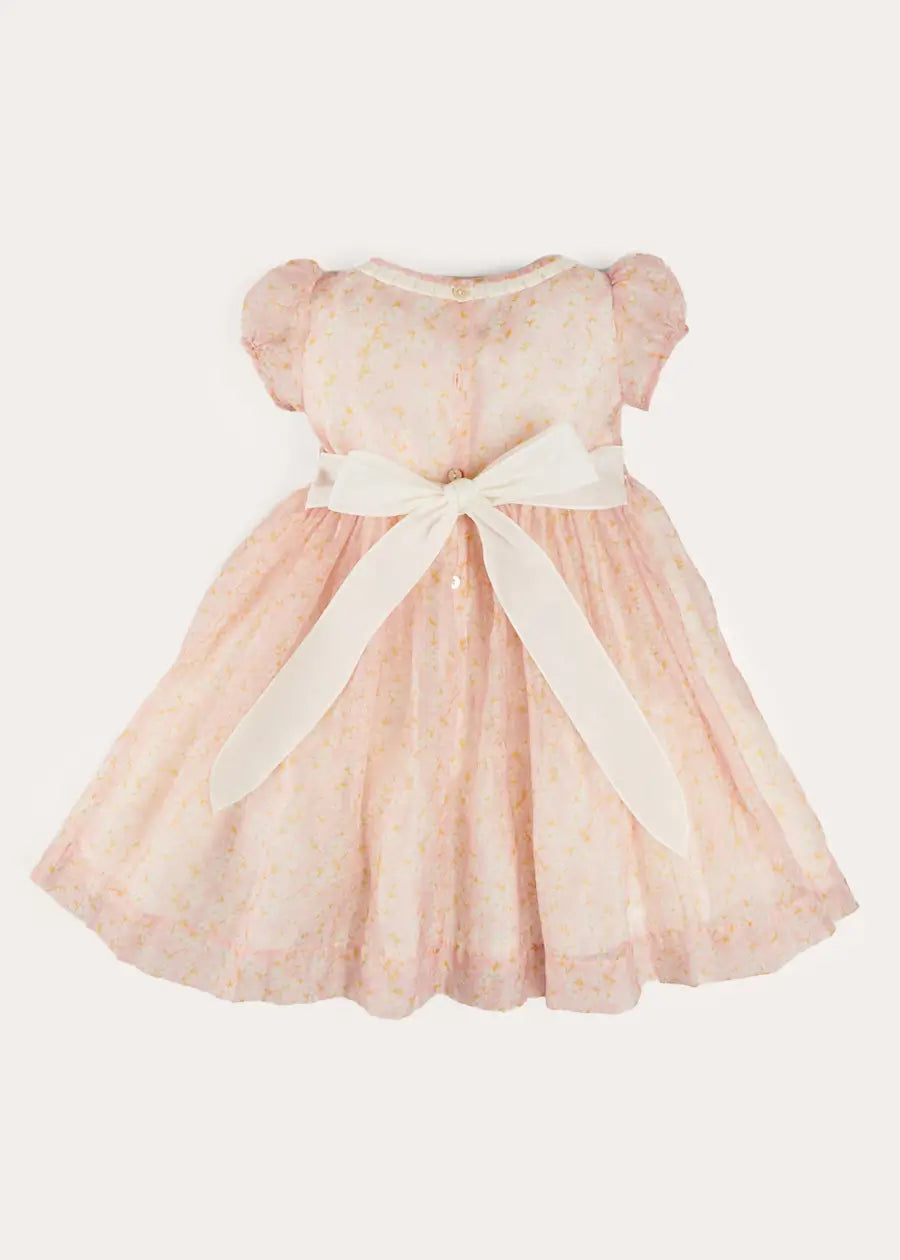 Constance Floral Hand Smocked Short Sleeve Party Dress for Girls in Pink - Sizes 12 Months to 10 Years | Perfect for Birthday Parties, Easter, Christmas & Special Occasions