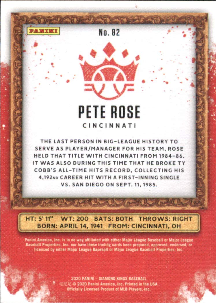 2020 Diamond Kings Baseball Card #82 Pete Rose - MLB Collectible, Trading Card for Sports Fans & Memorabilia Enthusiasts - Perfect for Display, Gifts, and Card Collections