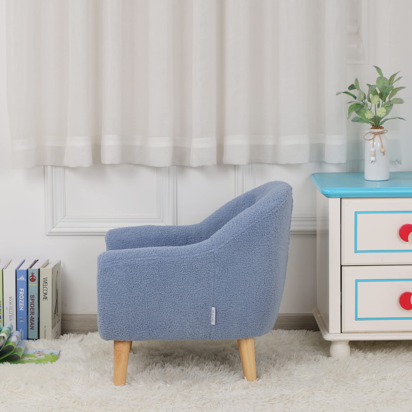 **Velvet Upholstered Kids Sofa Chair with Wooden Legs - Soft & Durable Toddler Couch for Playroom, Nursery, or Bedroom - Perfect Gift for Boys & Girls (Blue)**    *(Use Case: Ideal for reading nooks, playtime, or cozy TV watching in kids' rooms!)*