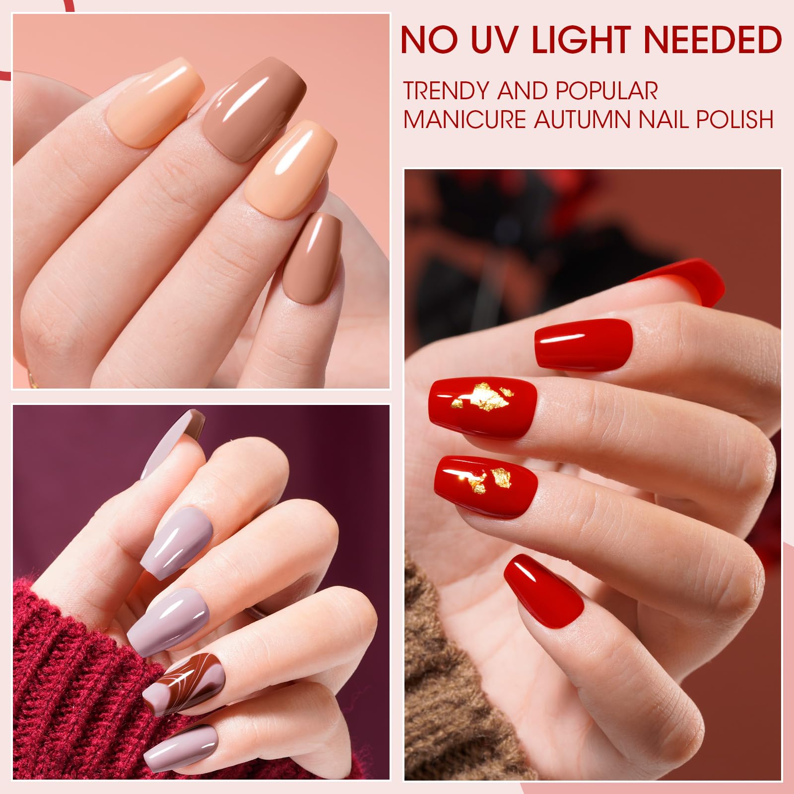 Gellen Nail Polish Set - 6 Quick Dry Warm Colors Nail Polish Kit for DIY Manicure, No UV Light Needed (0.33 fl.oz) | Perfect for Home Salon, Seasonal Nail Art in Spring, Summer, Fall & Winter