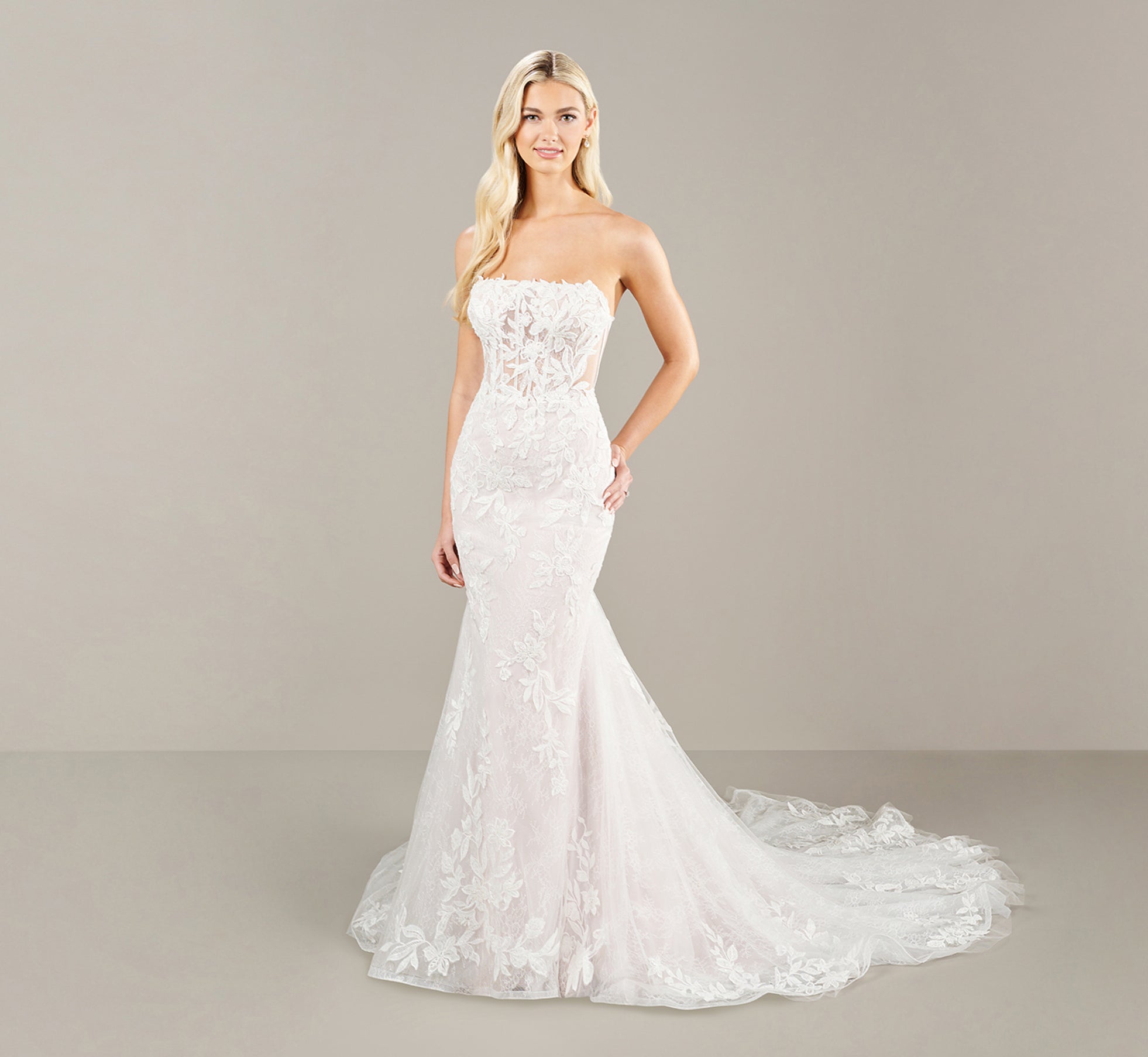 Strapless All Over Lace Ivory Wedding Dress with French Lilac Accents - Perfect for Beach Weddings, Vow Renewals & Romantic Photoshoots