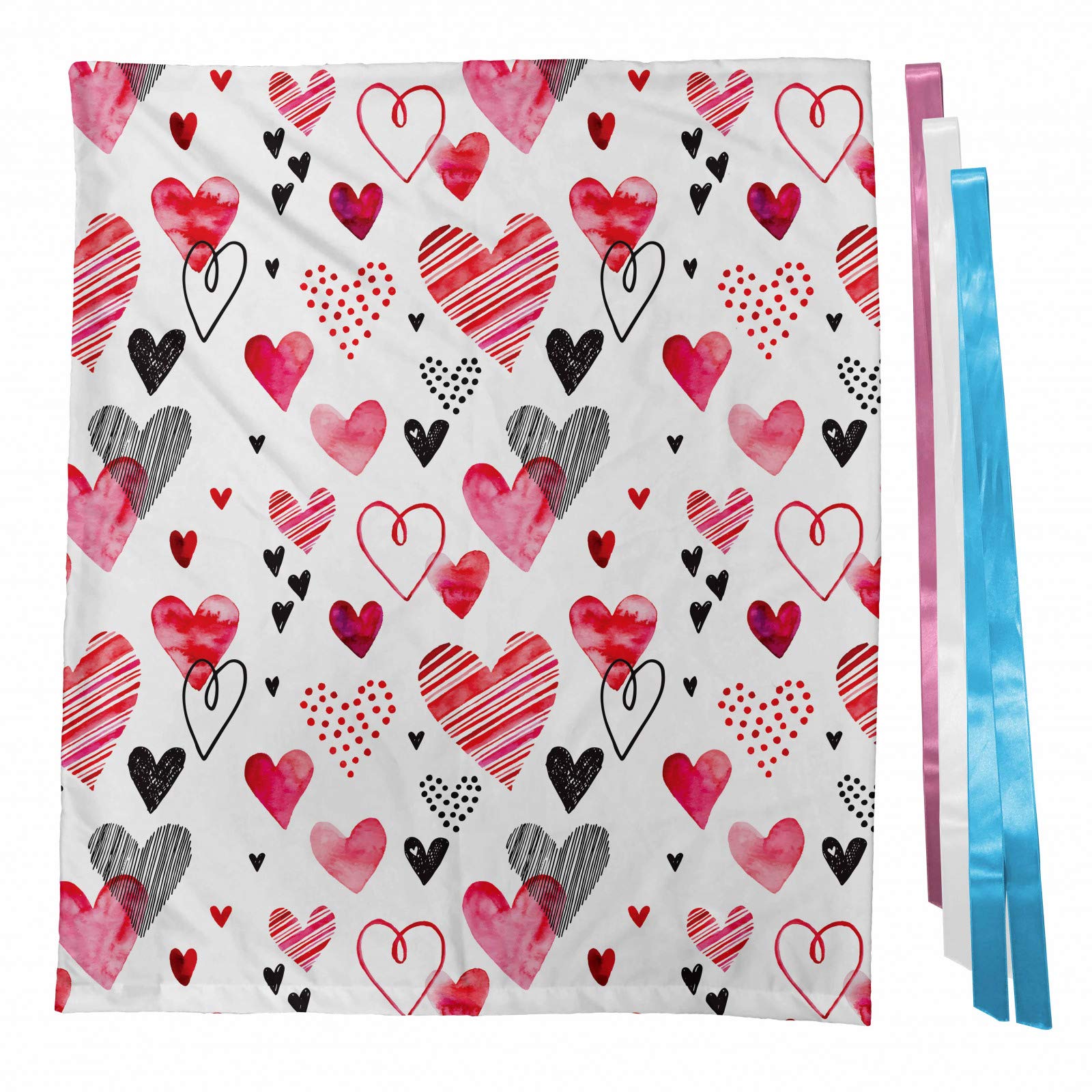 Ambesonne Valentine's Day Fabric Gift Bag - Romantic Heart Shapes, Watercolor Striped Art Design with 3 Ribbons (27