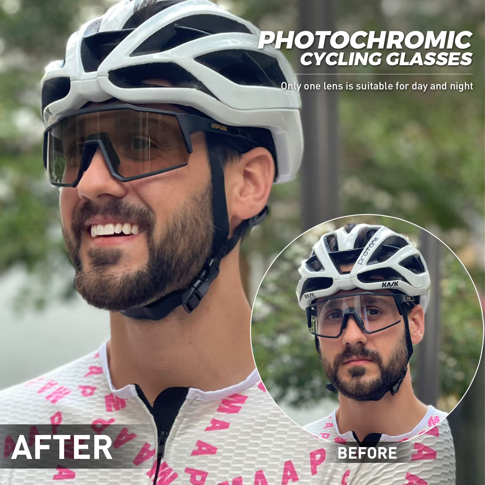KAPVOE Photochromic Cycling Glasses for Men & Women - MTB Clear Lens Transition Sunglasses for Mountain Biking & Road Cycling - Perfect for Outdoor Sports & Sunny Day Rides