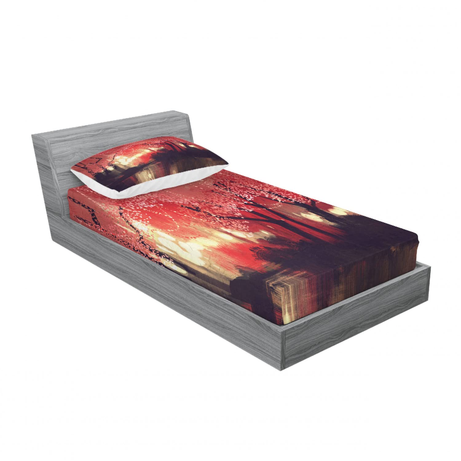 Ambesonne 2-Pack Twin Fitted Sheet & Pillow Sham Set - Charming Mist Forest Print, Brown & Ruby Bedding Decor (4-Piece Set) for Cozy Cabin Retreats or Nature-Inspired Bedrooms
