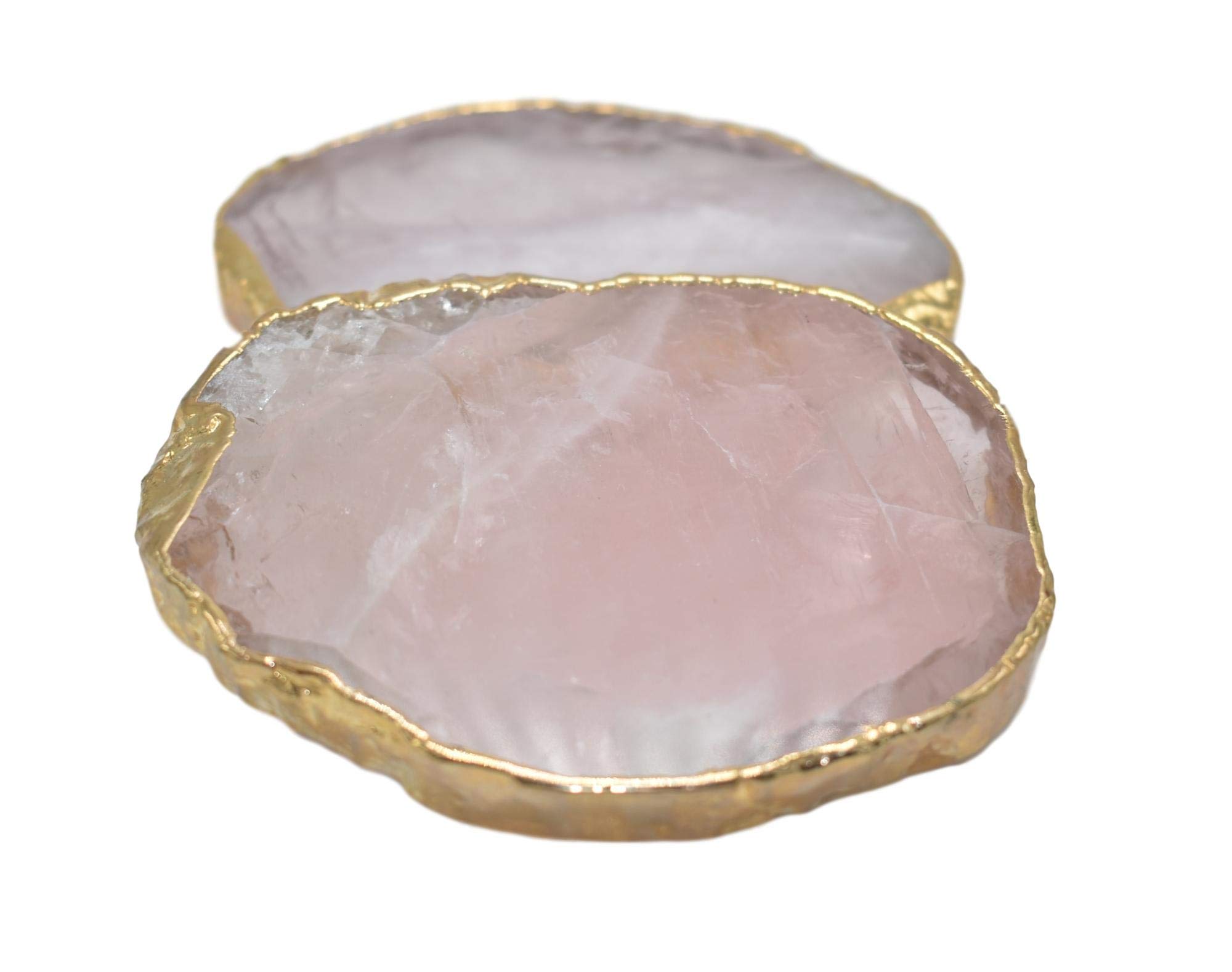 Luxury Rose Quartz Coasters with Gold Trim - Set of 2 Non-Slip Stone Coasters - Irregular Shaped Home Decor for Coffee Table, Office Desk & Gift Giving - Natural Quartz Stone Coasters for Elegant Home Decor