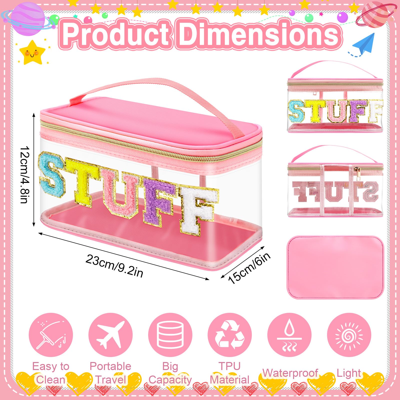 Chenille Letter Clear Makeup Bags | Preppy Pink Cosmetic Bag with Handle & Zipper | Waterproof TPU Travel Toiletry Organizer Pouch for Women & Girls | Perfect for School, Gym, Travel & Daily Essentials Storage
