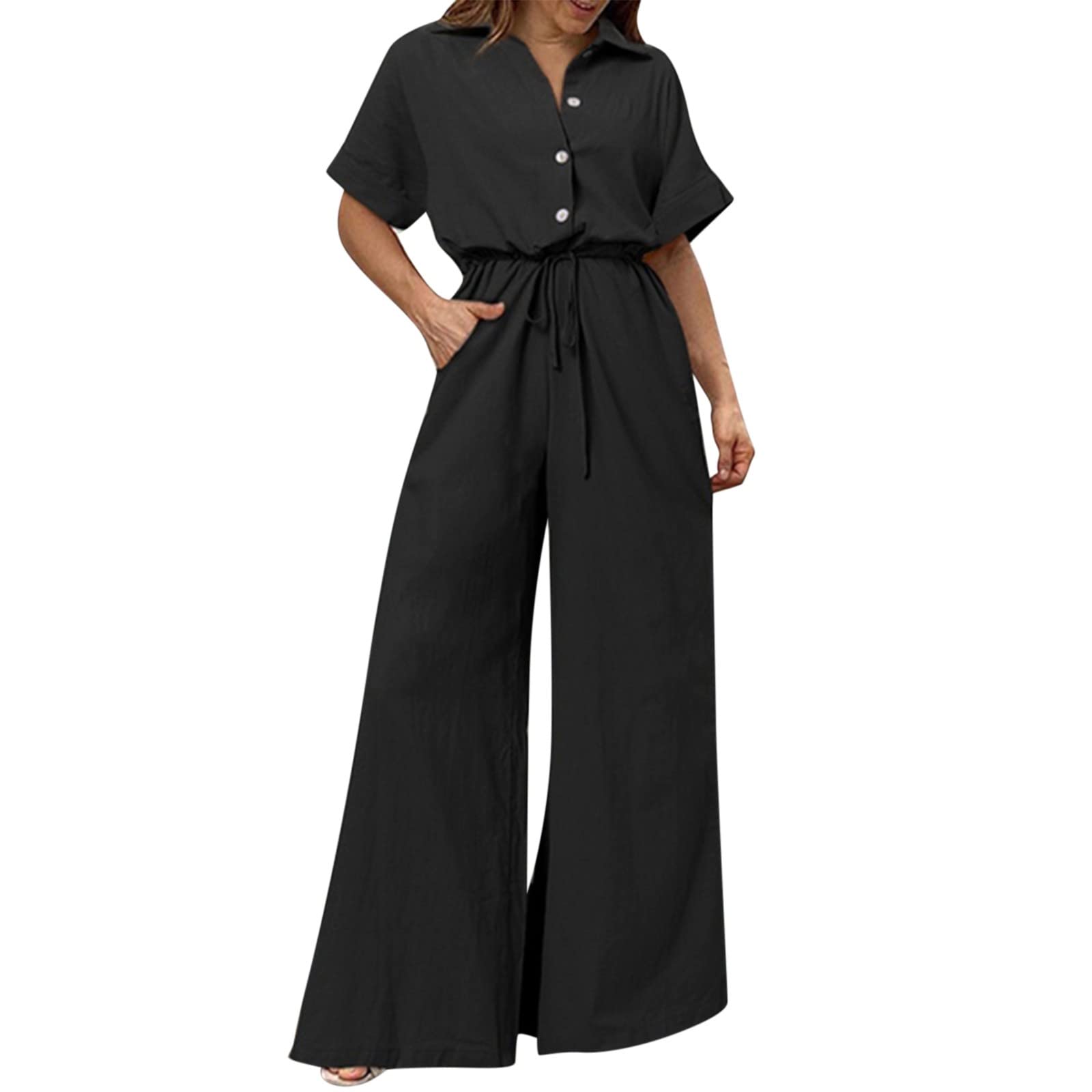 IGETELY Women's Plus Size Dressy Jumpsuit - Short Sleeve Romper with Button Lapel & Tie Waist, Wide Leg Long Pants for Wedding Guest Outfits | Perfect for Cocktail Parties, Bridal Showers & Formal Events