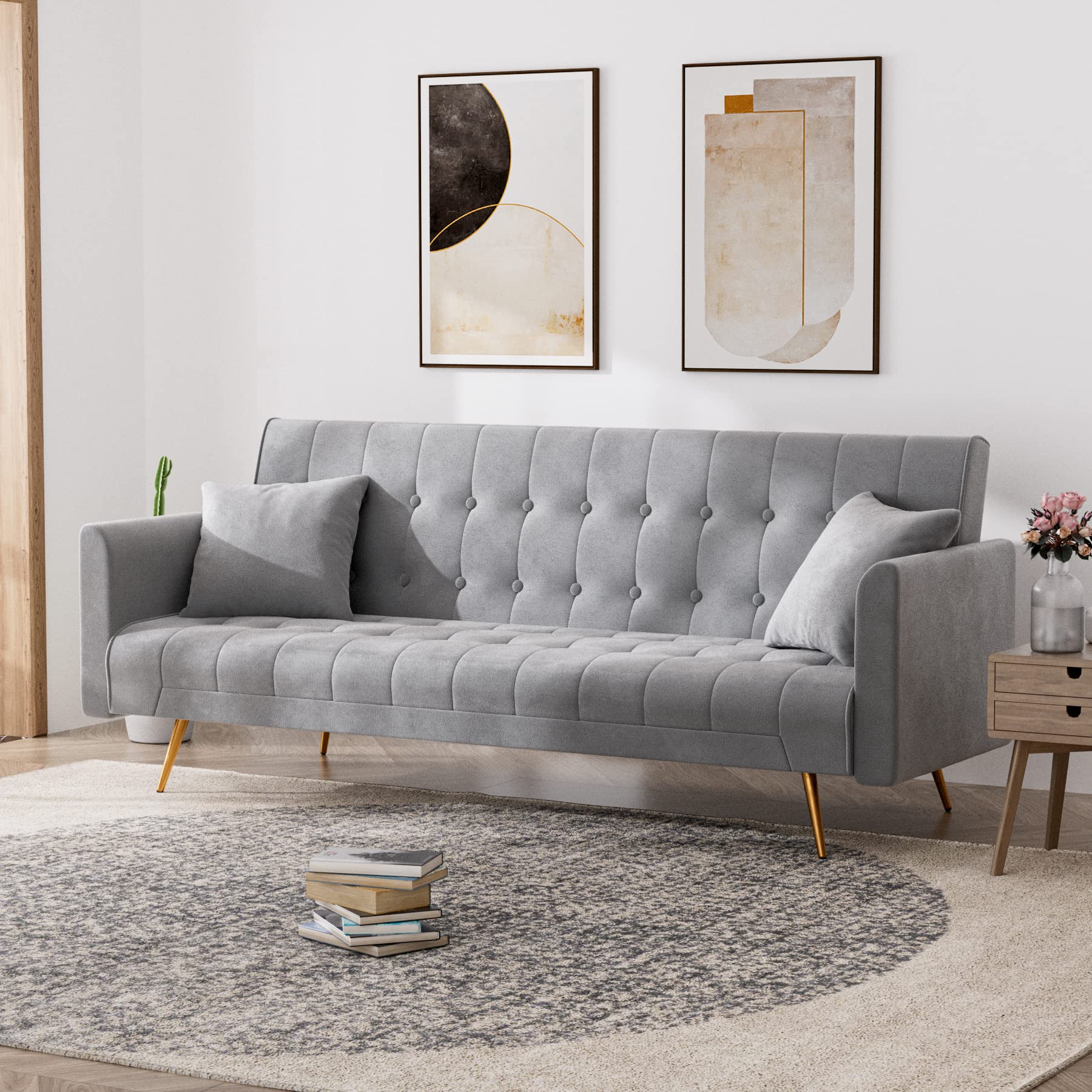 OUYESSIR 71-inch Velvet Convertible Futon Sofa Bed with 2 Pillows - Sturdy Sleeper Couch for Small Spaces, Grey | Perfect for Guest Rooms, Apartments & Dorm Rooms
