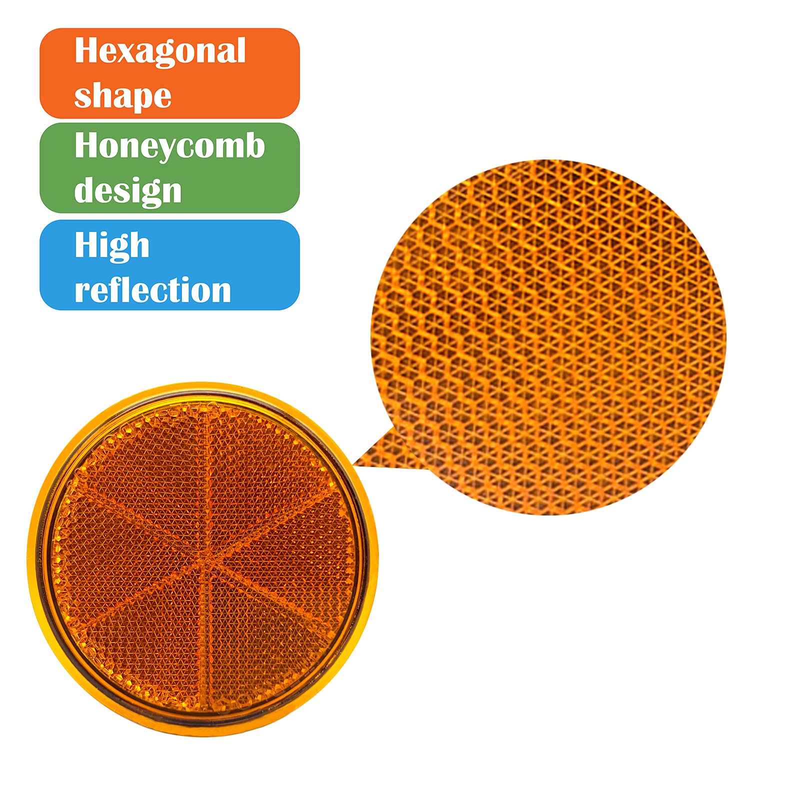 2PCS Amber Round Self-Adhesive Reflectors - DOT/EMARK/CCC Certified for Trailers, Driveways & Mailboxes - High Visibility Safety Markers for Nighttime Road Safety