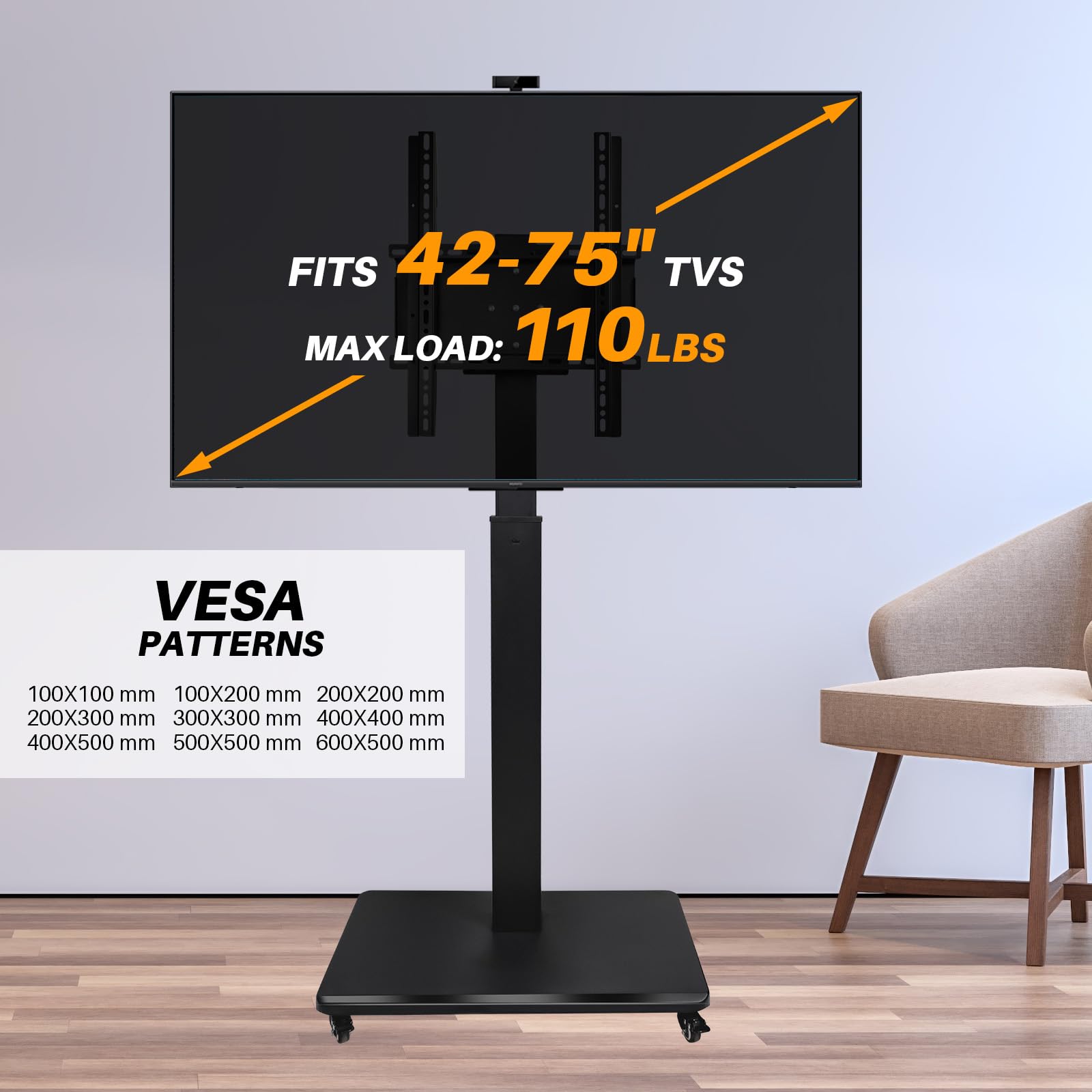 Adjustable Height Rolling TV Stand for 42-75 Inch TVs - Mobile TV Cart with 360° Rotation, Portrait/Landscape Mode, Wheels & 110lbs Capacity - Max VESA 600x500mm (XZSY-02) - Perfect for Living Rooms, Bedrooms & Home Theaters