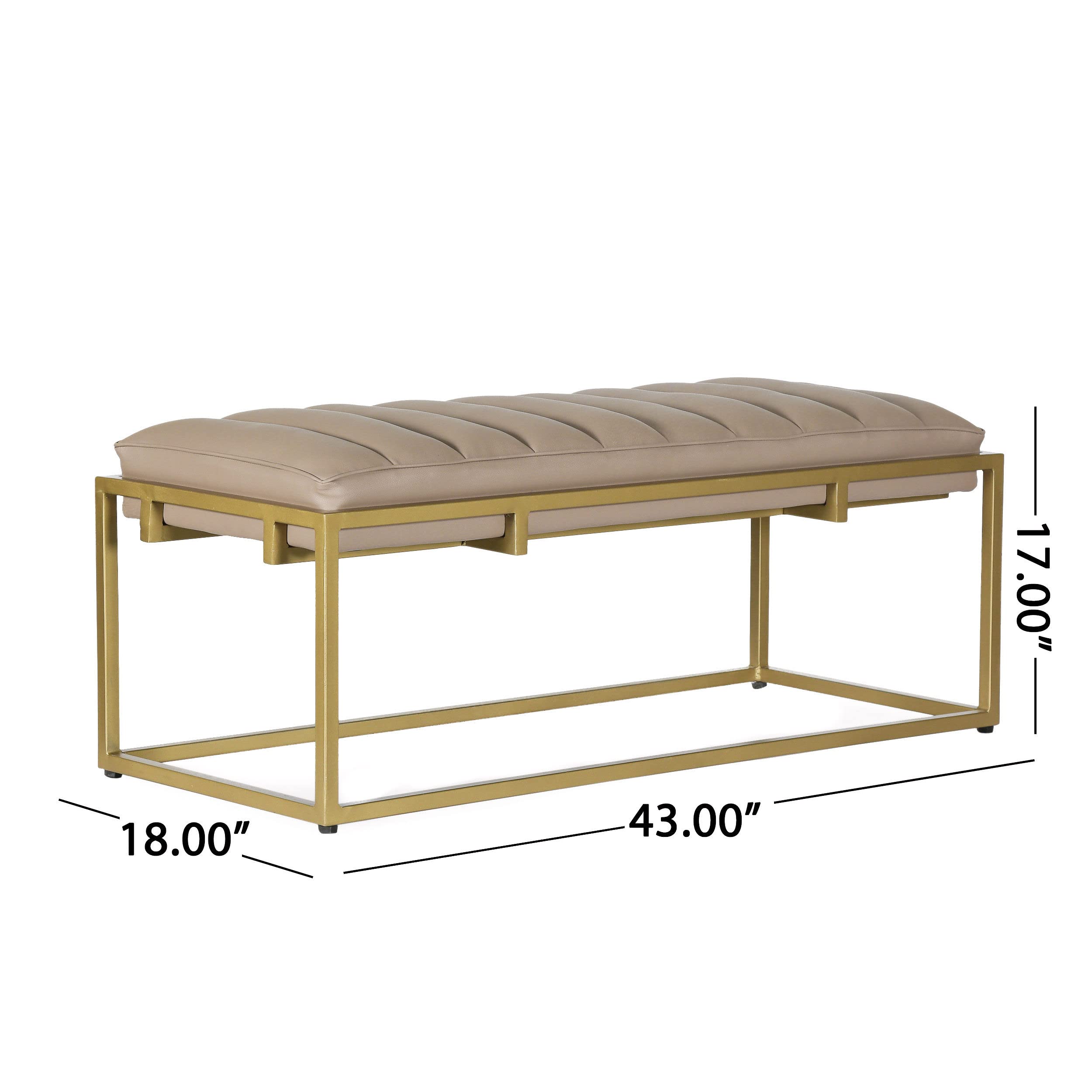 Christopher Knight Home Riebe Handmade Channel Stitch Ottoman Bench - Dark Cream/Matte Gold - Upholstered Storage Footrest & Extra Seating for Living Room, Bedroom & Entryway