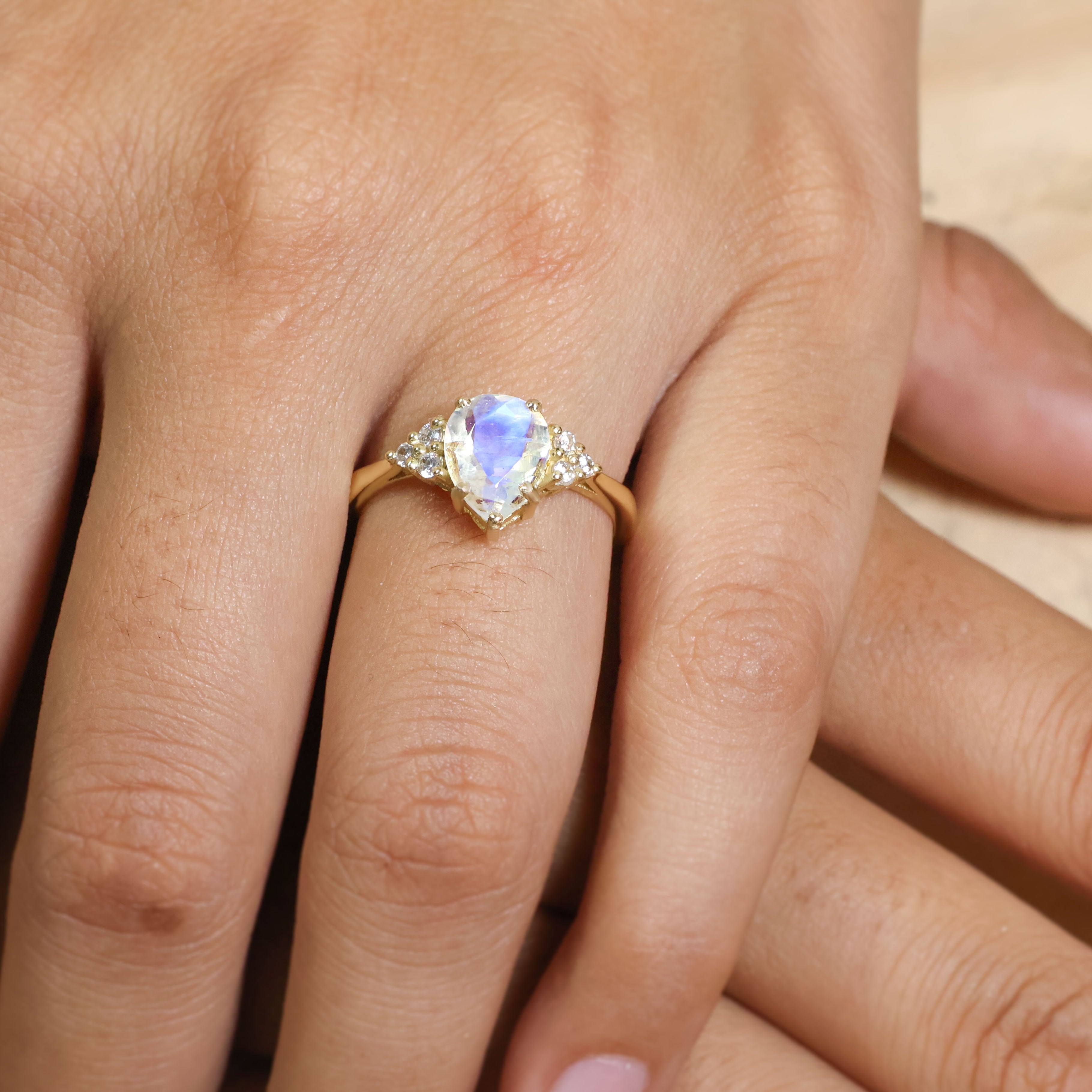 Exquisite Pear-Shaped Moonstone Ring with Sparkling Zircon Accents – Perfect for Weddings, Anniversaries & Special Occasions