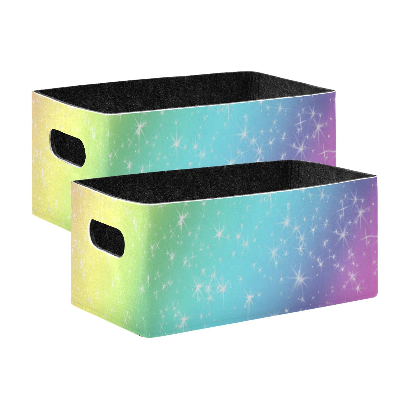Rainbow Glitter Collapsible Storage Bins & Baskets, 2-Pack Foldable Felt Fabric Organizer Cubes for Nursery, Home, Shelves & Closet - Perfect for Kids' Room Organization & Decorative Storage Solutions