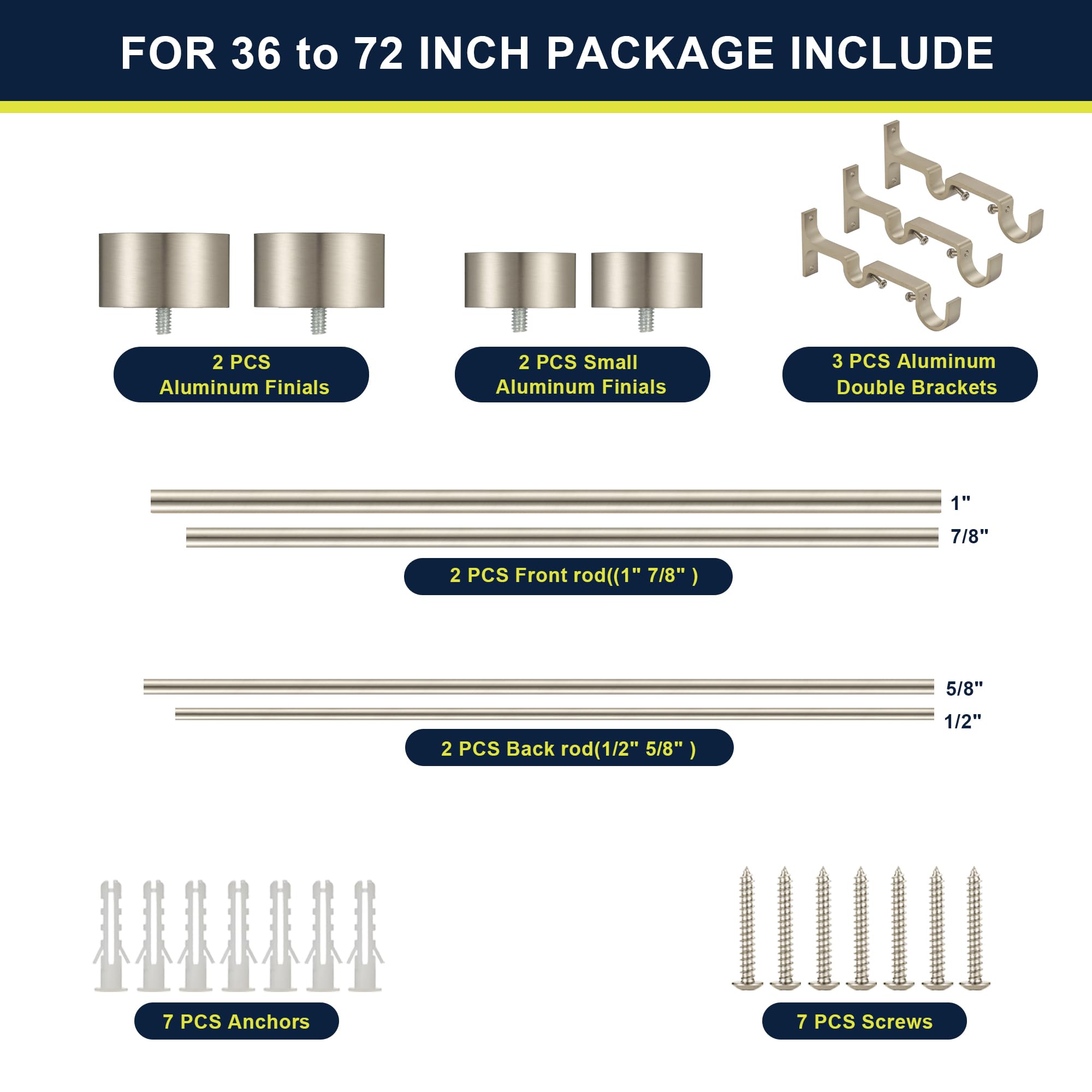 Adjustable Double Curtain Rod Set 36-72 Inches - 1'' Front & 5/8'' Back Drapery Rod with Aluminum Brackets & Finials - Brushed Nickel Finish for Living Room, Bedroom, or Office Window Decor