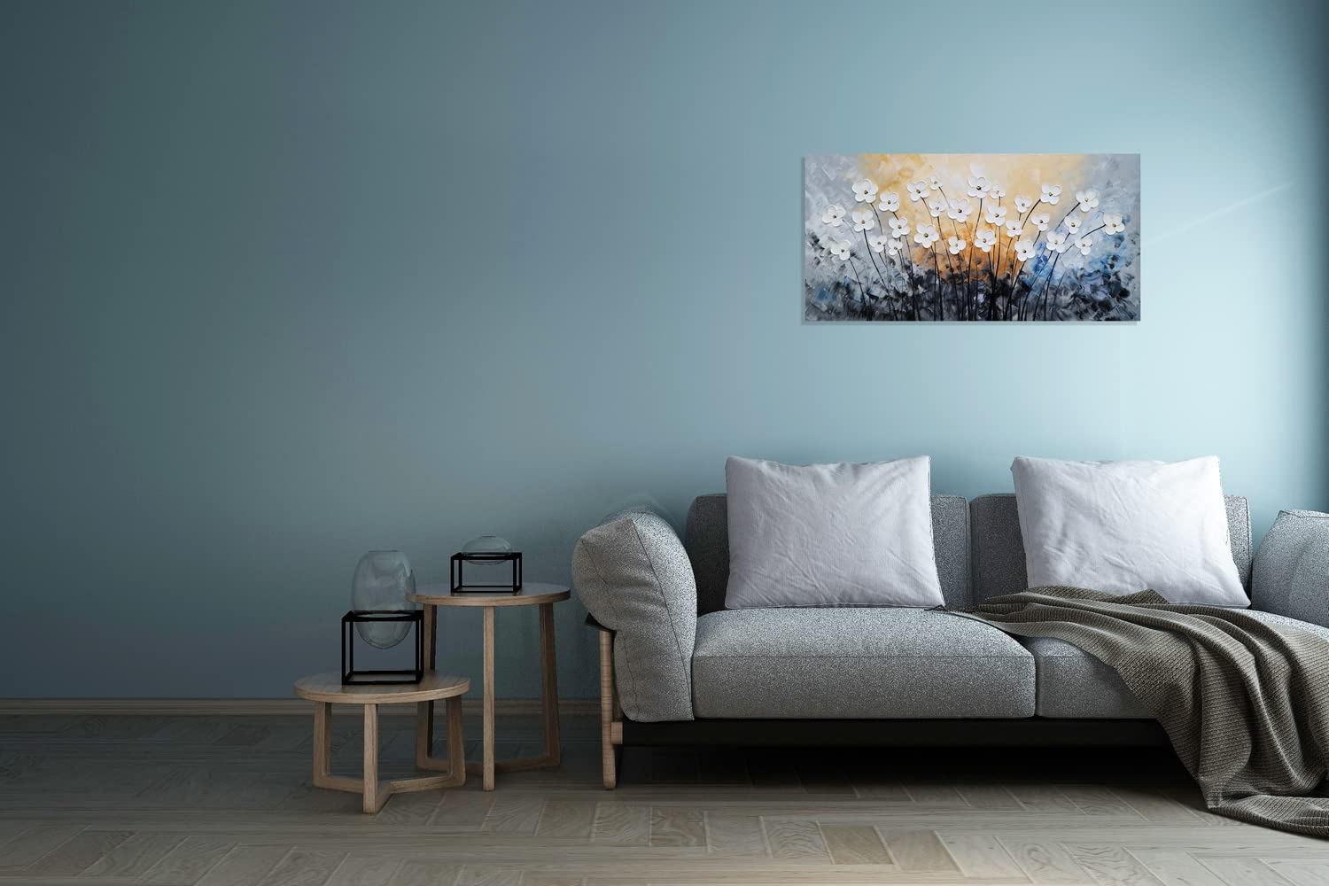 SYGALLERIER White Flower Canvas Wall Art - Hand Painted 3D Oil Painting for Living Room, Farmhouse & Dining Room Decor - Black & Blue Floral Picture - Perfect for Home, Office & Wedding Decorations