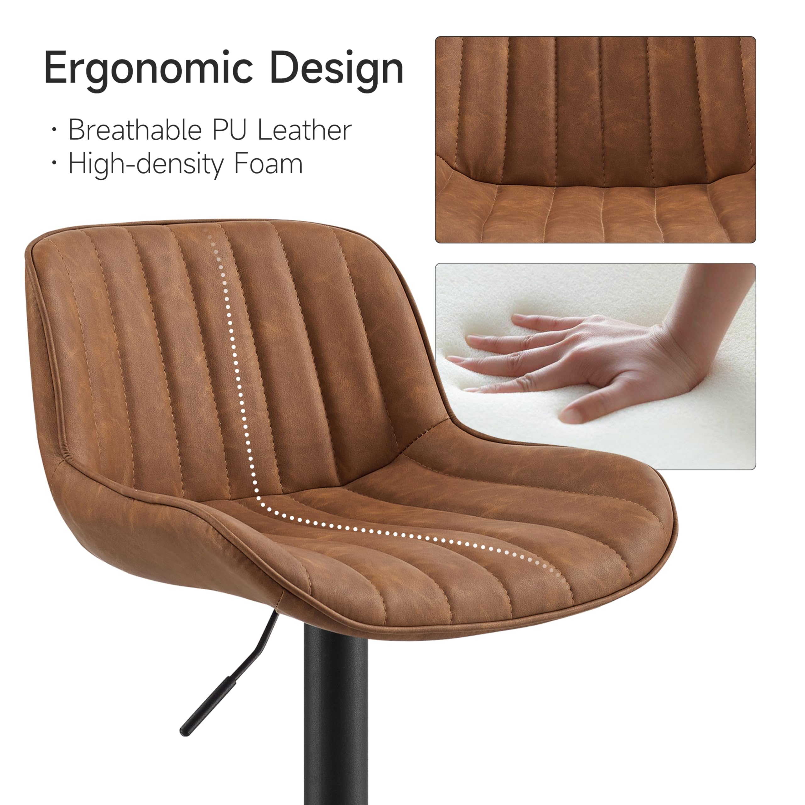 Volans Mid Century Modern Bar Stools Set of 4 - Adjustable Height Swivel Bar Chairs with Faux Leather Upholstery & Black Powder Coated Base - Perfect for Kitchen Islands, Home Bars & Dining Counter Areas