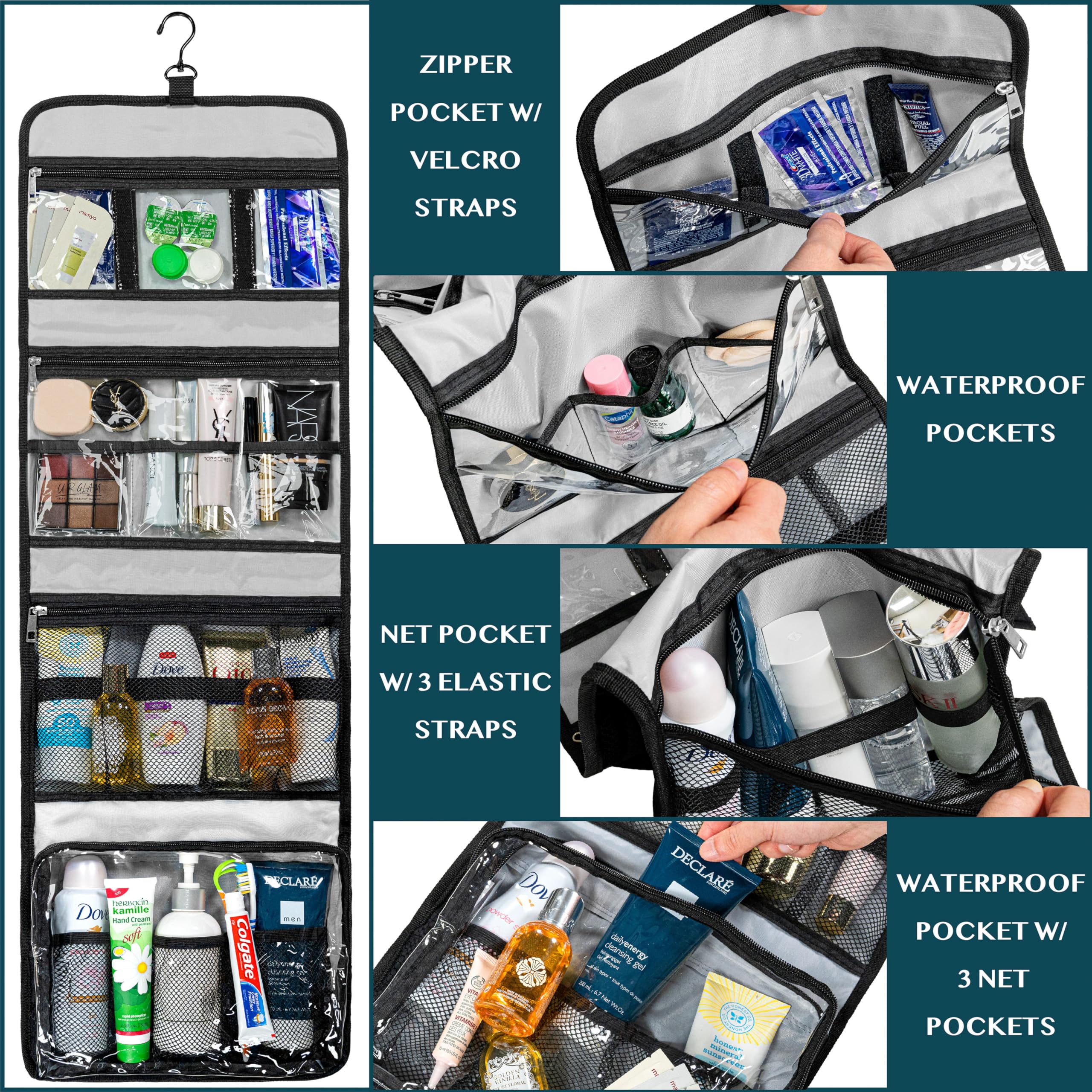 PAVILIA Extra Large Waterproof Hanging Toiletry Bag for Travel - Black Cosmetic Organizer for Women & Men - Perfect for Bathroom, Shower, Camping & Gym Essentials Storage