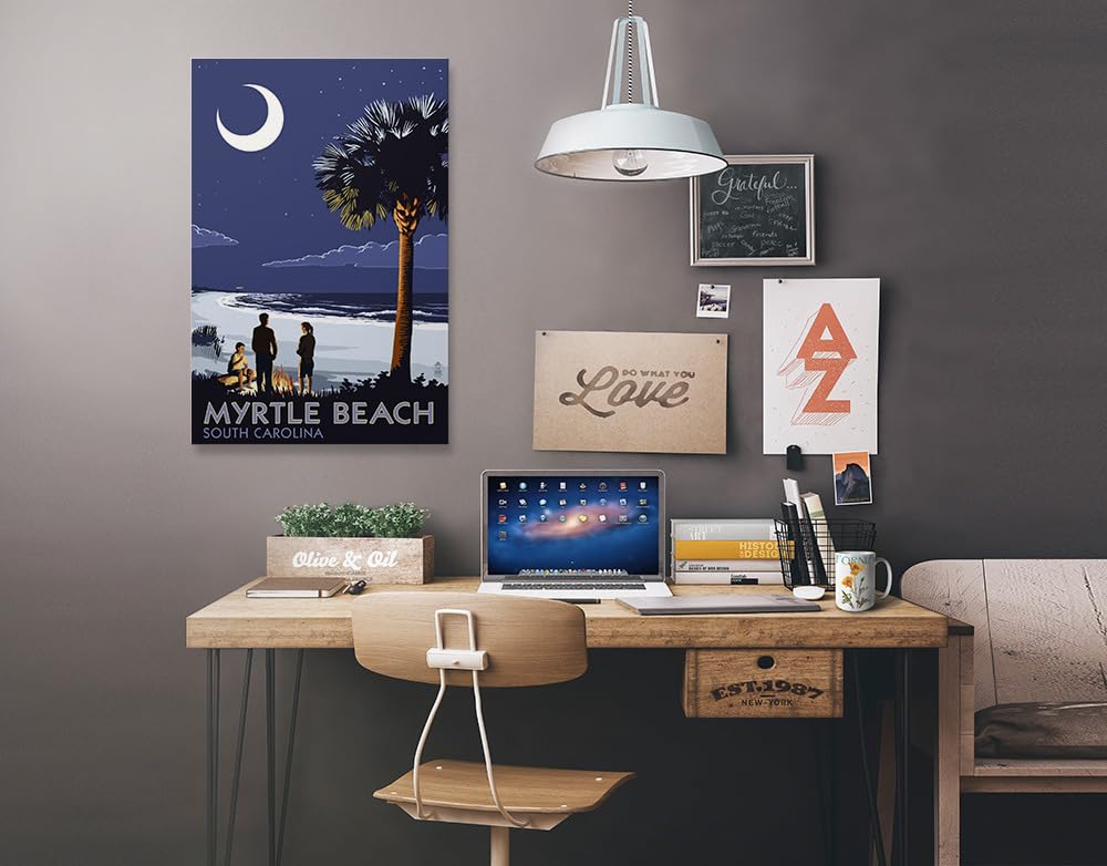Myrtle Beach South Carolina Wall Art - Lantern Press Palmetto Moon & Bonfire 12x18 Wrapped Canvas - Coastal Decor for Living Room, Bedroom, or Office
