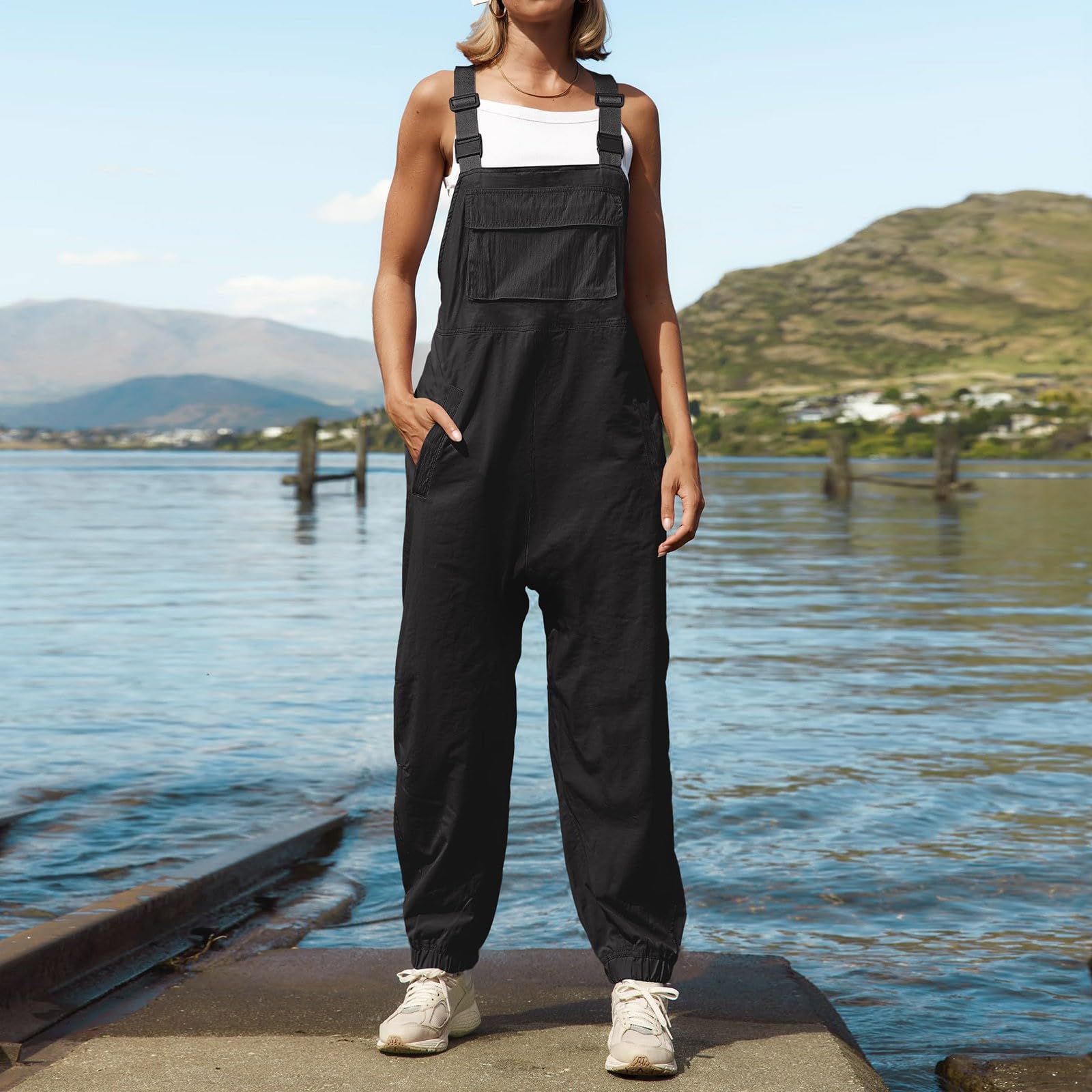 Women's Loose Fit Linen Overalls - Adjustable Straps Sleeveless Jumpsuit with Pockets | Summer Casual Romper for Outdoor Activities, Beach Wear & Boho Fashion
