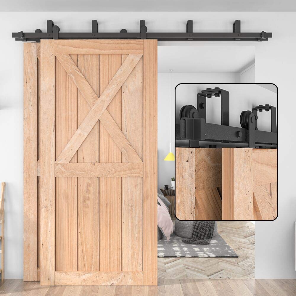 WINSOON Heavy Duty Top Mount Double Bypass Barn Door Hardware Kit - 5 FT Track for Overlapping Double Doors | One-Piece Rail for Smooth & Quiet Sliding | Easy Installation Fits Two 30” Wide Door Panels | Perfect for Bedrooms, Closets & Room Dividers